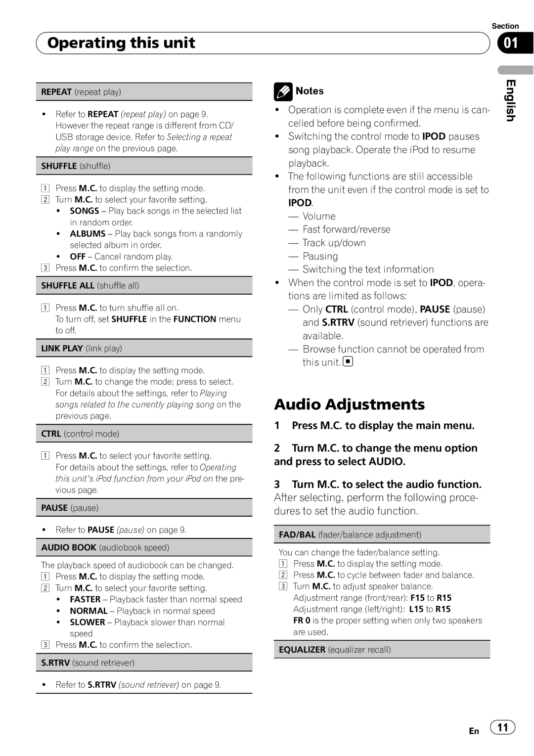 Pioneer DEH-2200UB owner manual Audio Adjustments, Press M.C. to display the main menu 