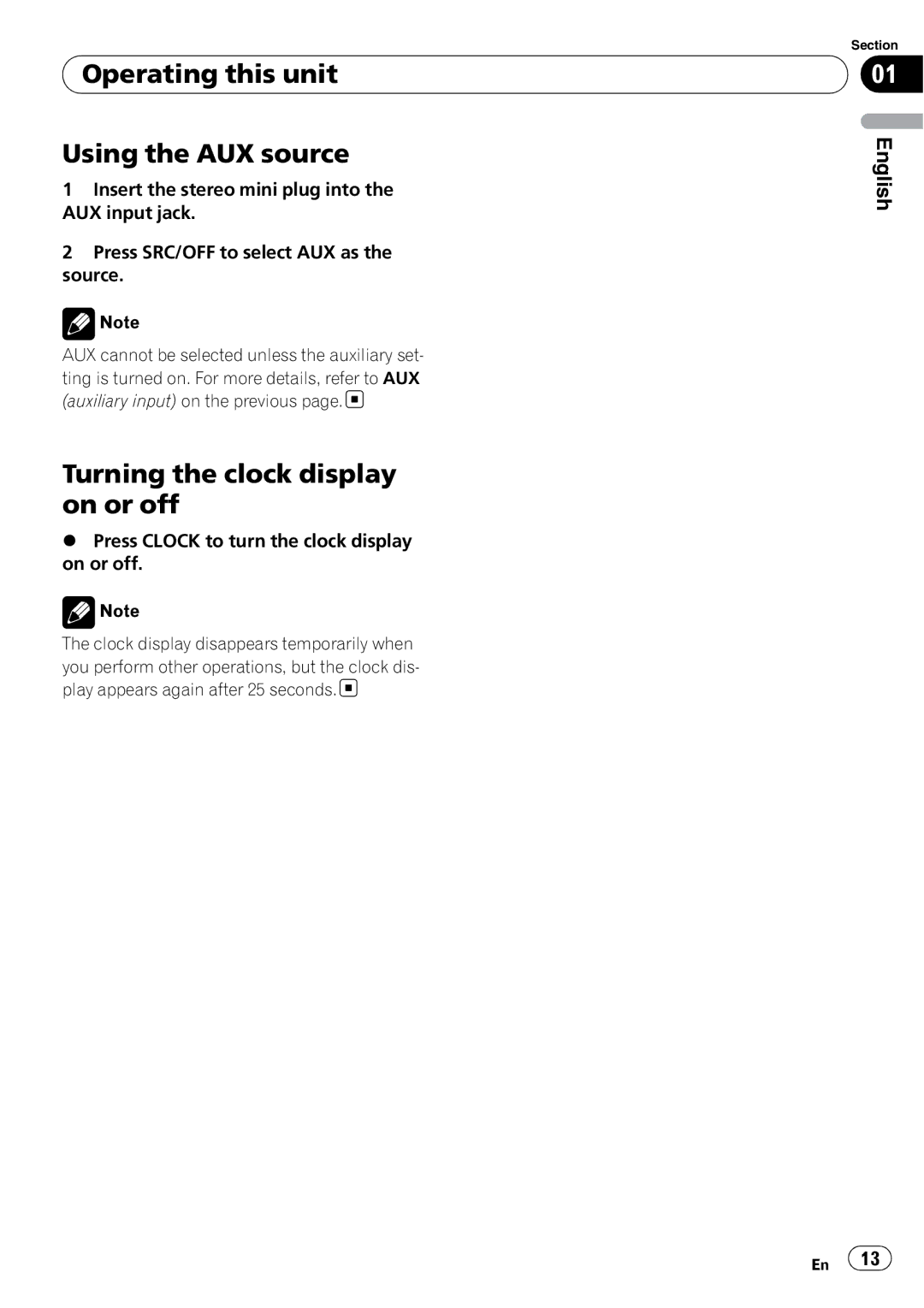 Pioneer DEH-2200UB owner manual Operating this unit Using the AUX source, Turning the clock display on or off 