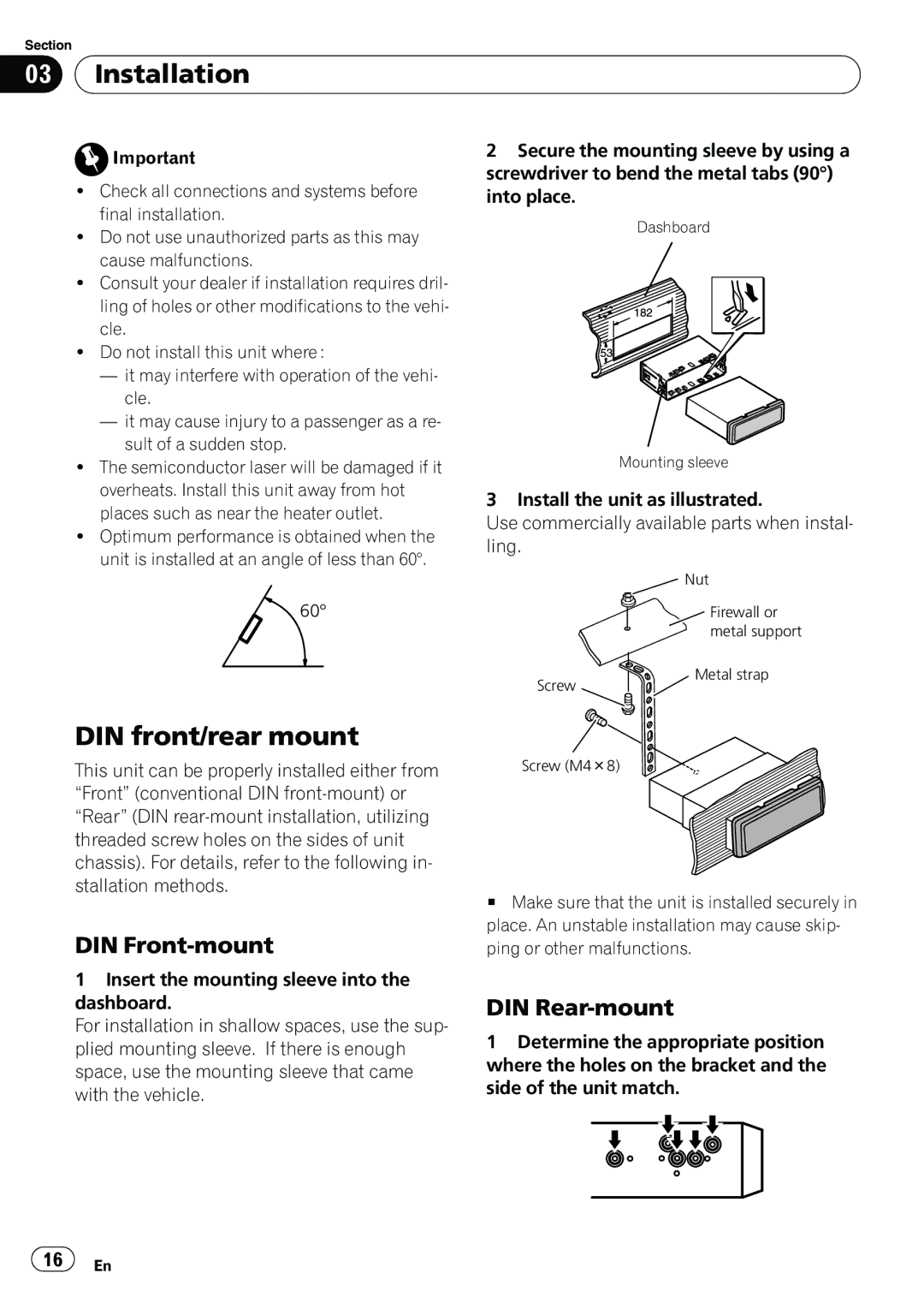 Pioneer DEH-2200UB owner manual Installation, DIN front/rear mount, DIN Front-mount, DIN Rear-mount 