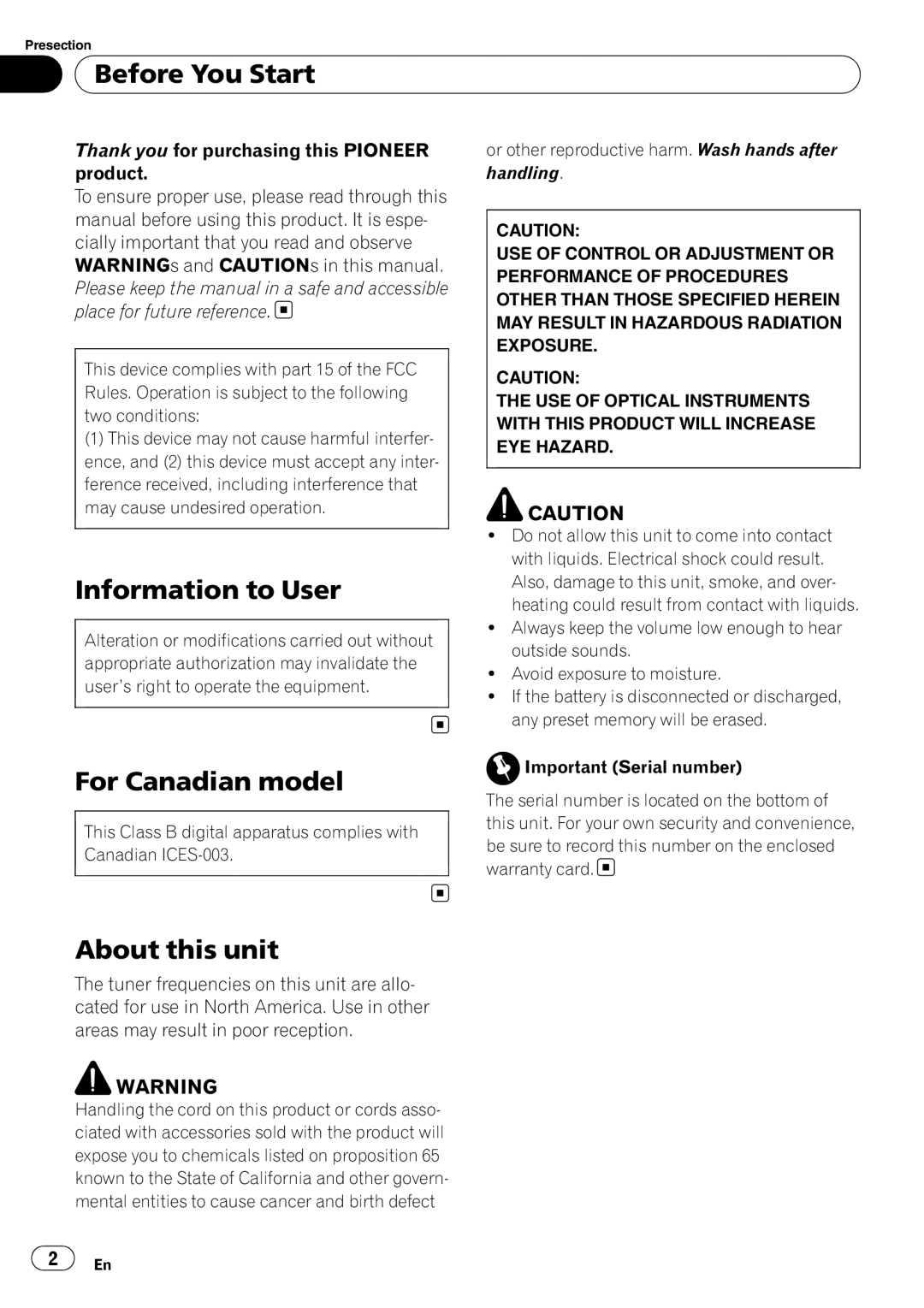 Pioneer DEH-2200UB owner manual Before You Start, Information to User, For Canadian model, About this unit 