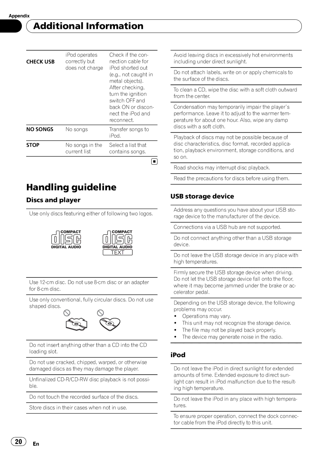 Pioneer DEH-2200UB owner manual Handling guideline, Discs and player, No Songs, Stop 