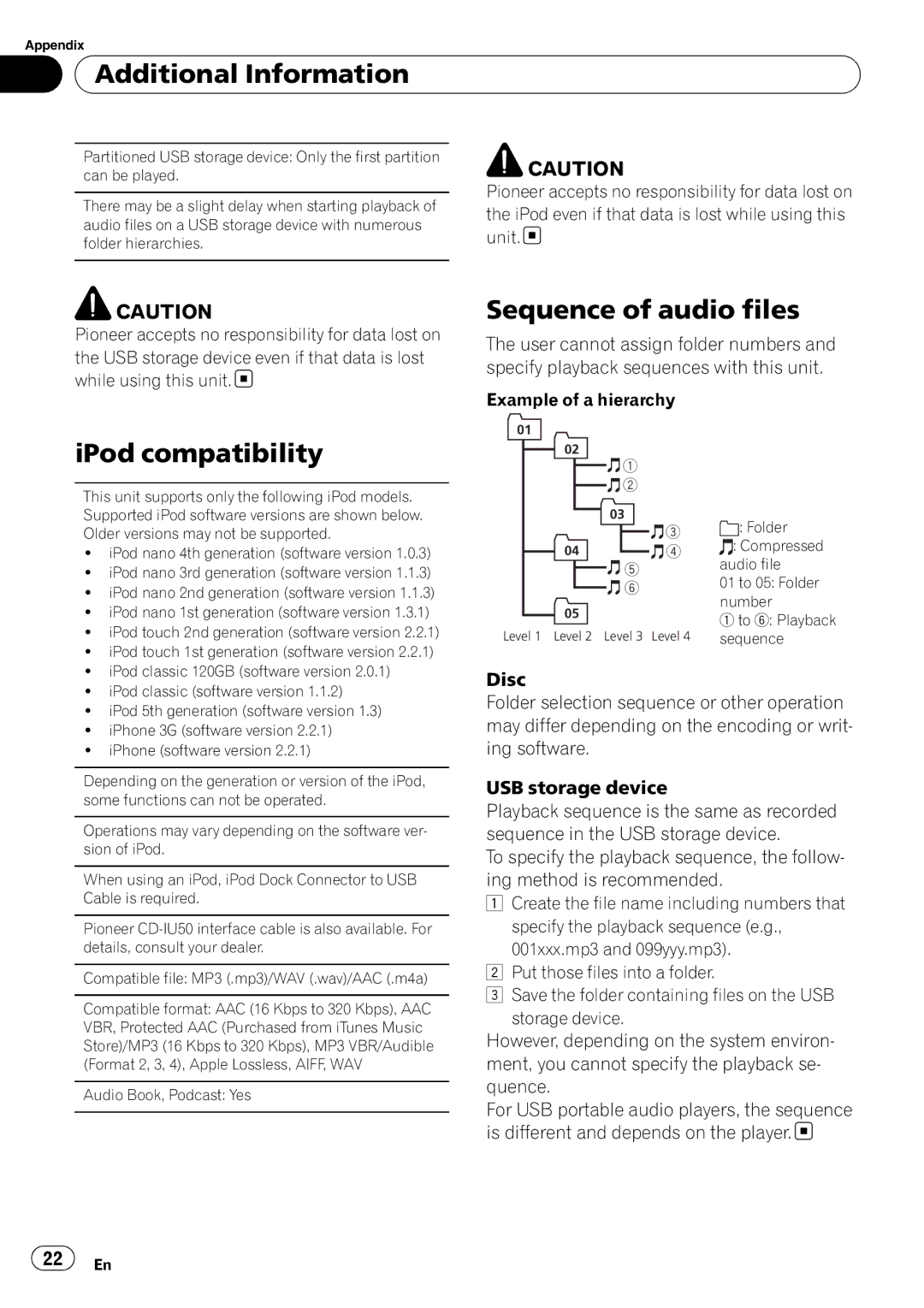 Pioneer DEH-2200UB owner manual Sequence of audio files, IPod compatibility, Example of a hierarchy 