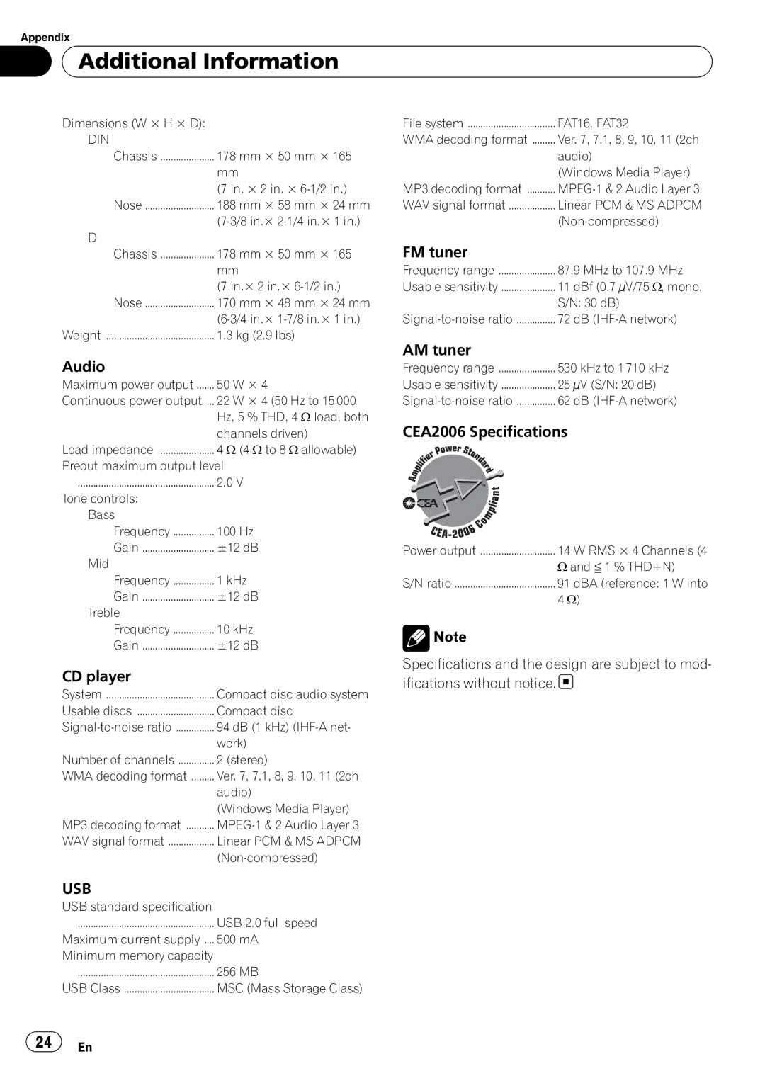 Pioneer DEH-2200UB owner manual FM tuner, Audio, CD player, AM tuner, CEA2006 Specifications 