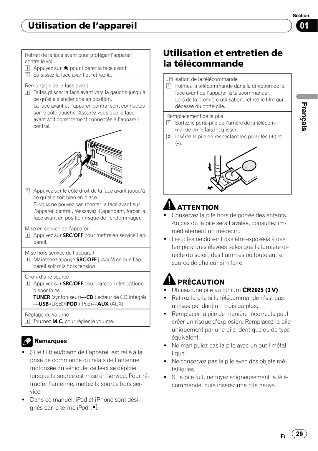 Pioneer DEH-2200UB owner manual Utilisation de l’appareil, Utilisation et entretien de, La télécommande 