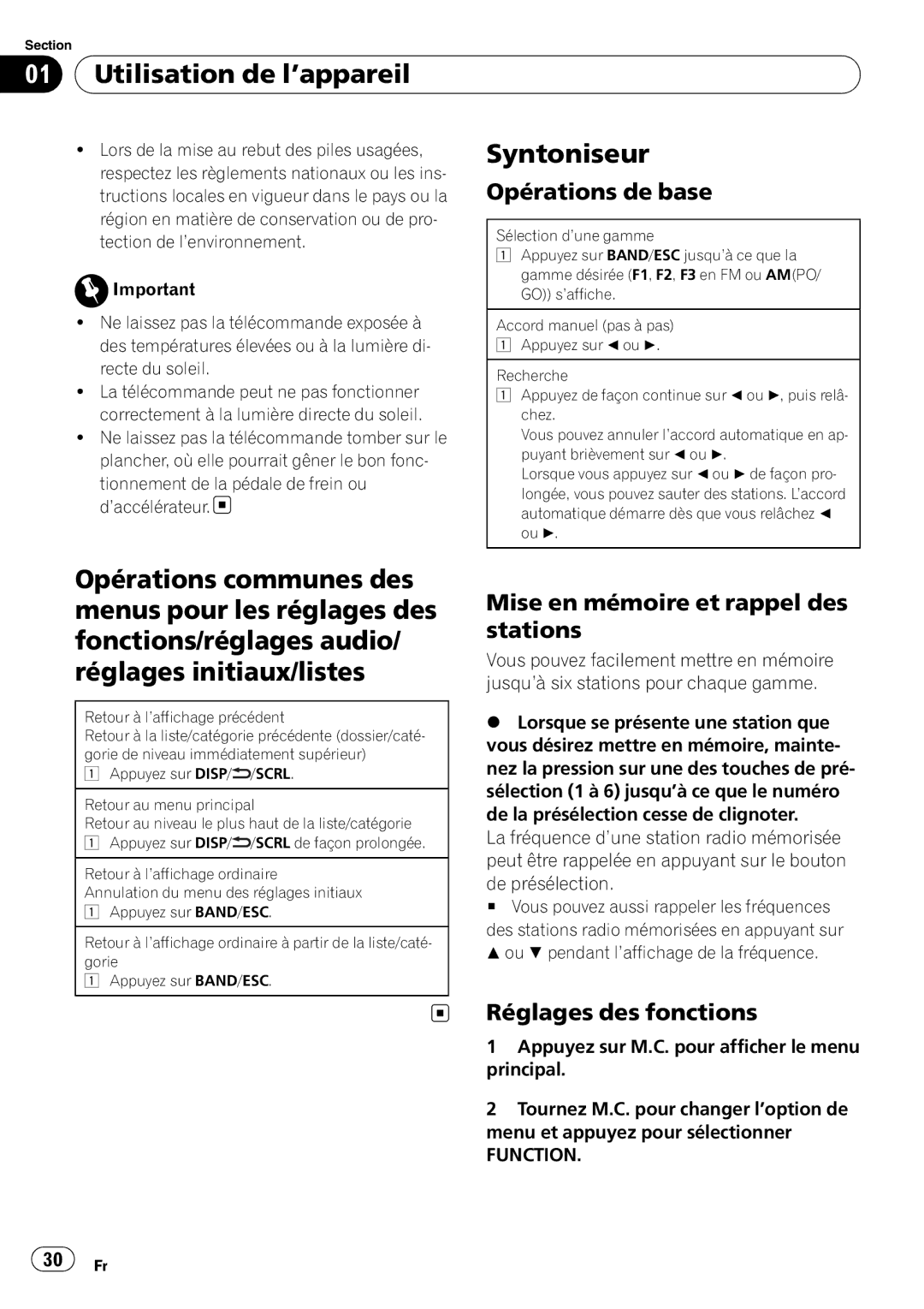 Pioneer DEH-2200UB Syntoniseur, Opérations de base, Mise en mémoire et rappel des stations, Réglages des fonctions 