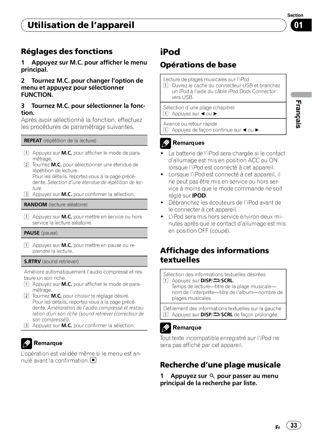 Pioneer DEH-2200UB owner manual Recherche d’une plage musicale, Remarques 