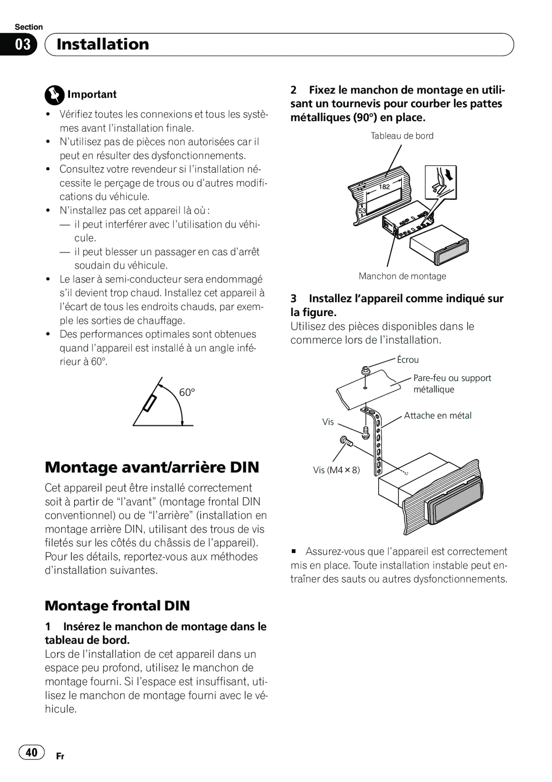 Pioneer DEH-2200UB owner manual Montage avant/arrière DIN, Montage frontal DIN 