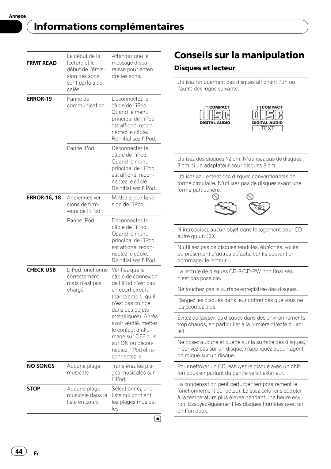 Pioneer DEH-2200UB owner manual Conseils sur la manipulation, Disques et lecteur 