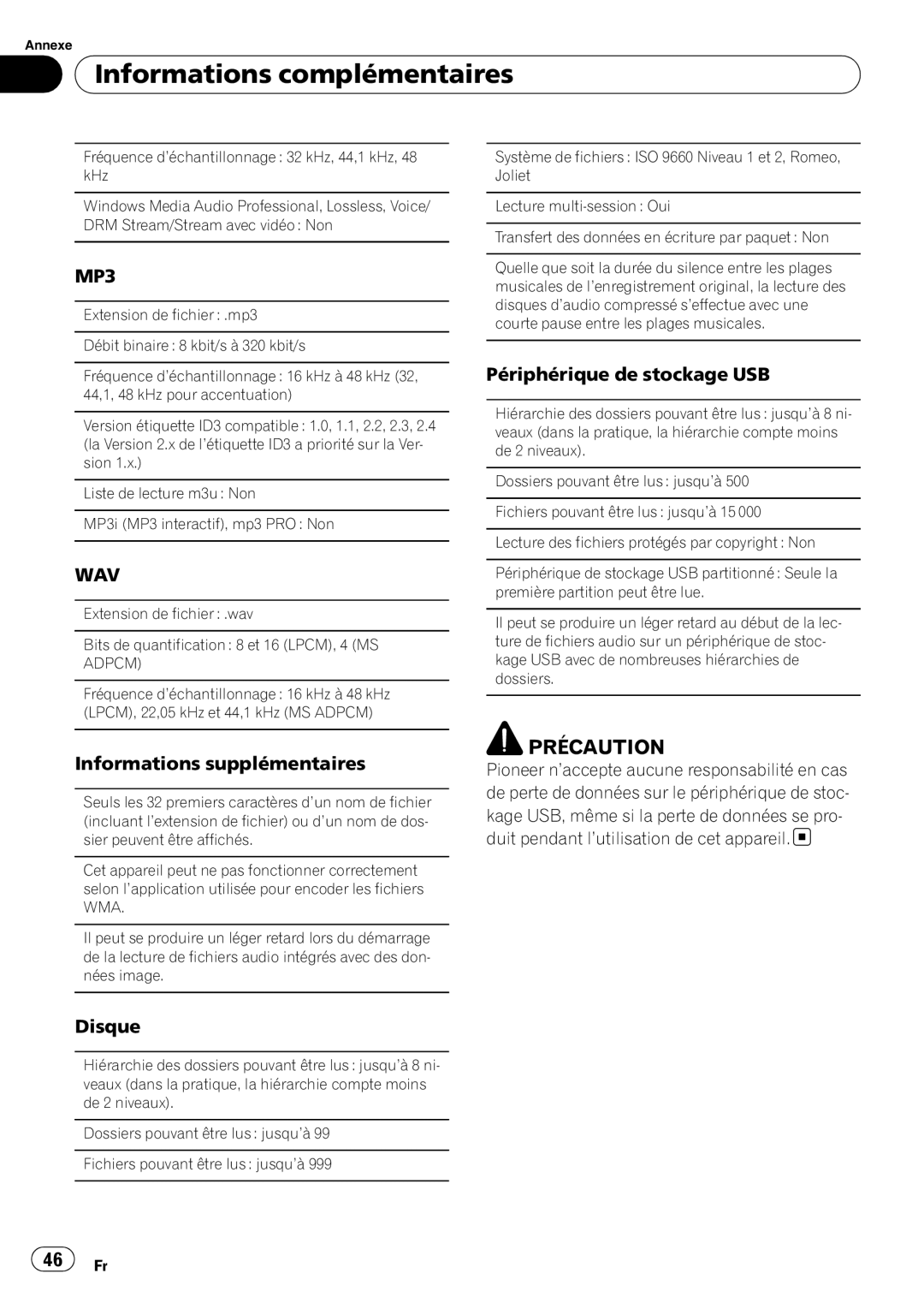 Pioneer DEH-2200UB owner manual Informations supplémentaires, Disque, Adpcm 