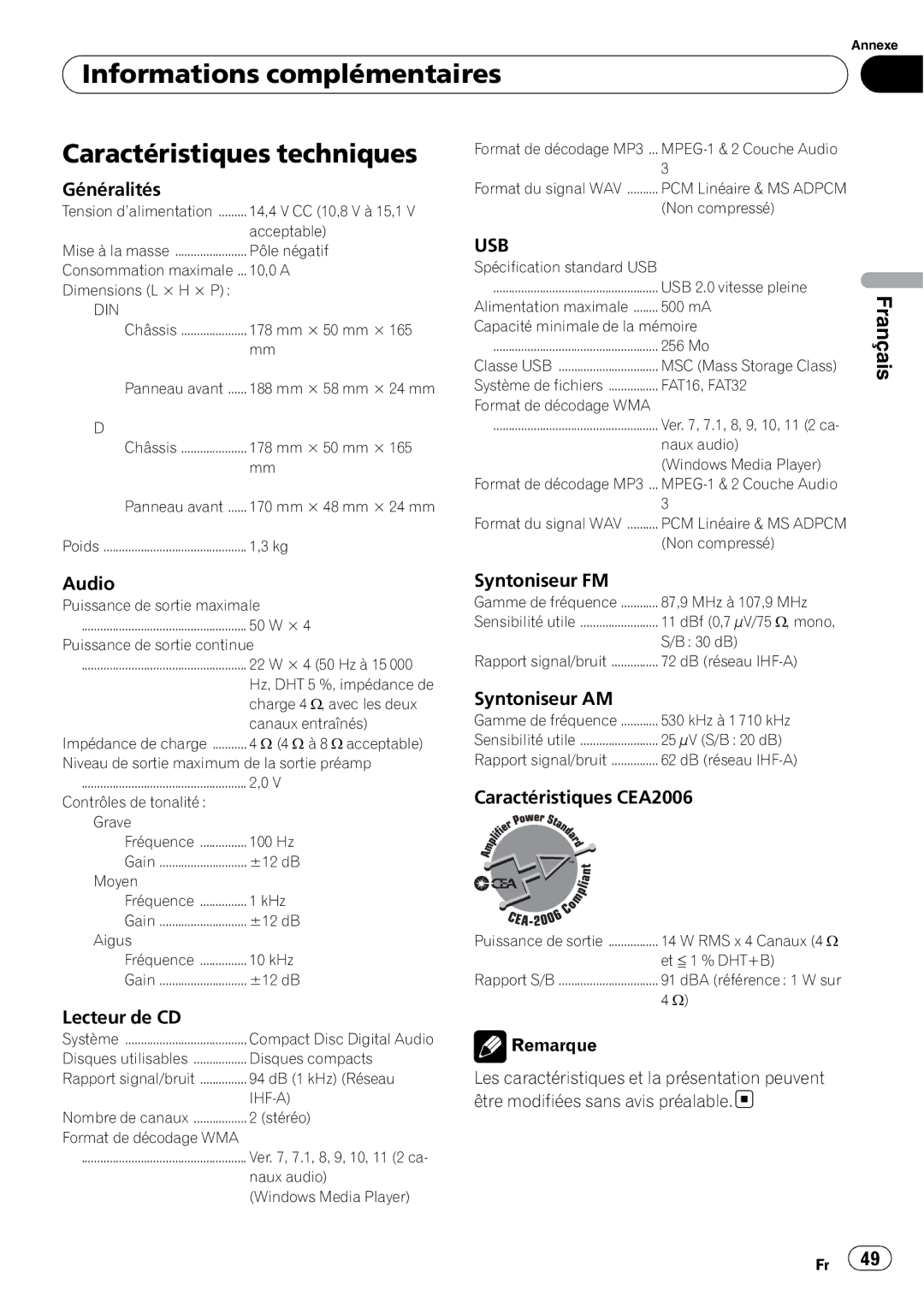 Pioneer DEH-2200UB owner manual Informations complémentaires Caractéristiques techniques 