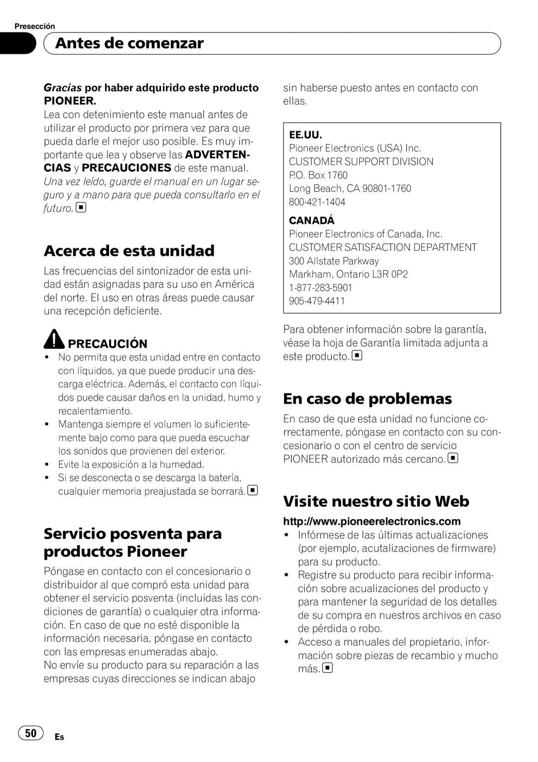 Pioneer DEH-2200UB owner manual Antes de comenzar, Acerca de esta unidad, En caso de problemas 