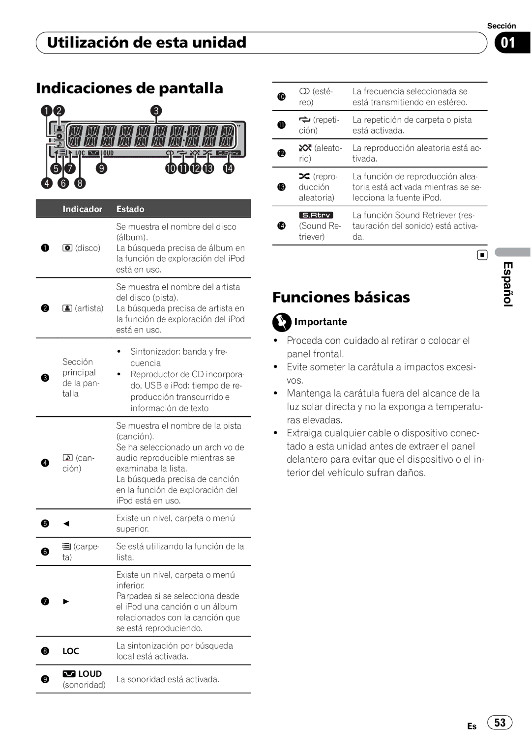 Pioneer DEH-2200UB owner manual Utilización de esta unidad Indicaciones de pantalla, Funciones básicas 