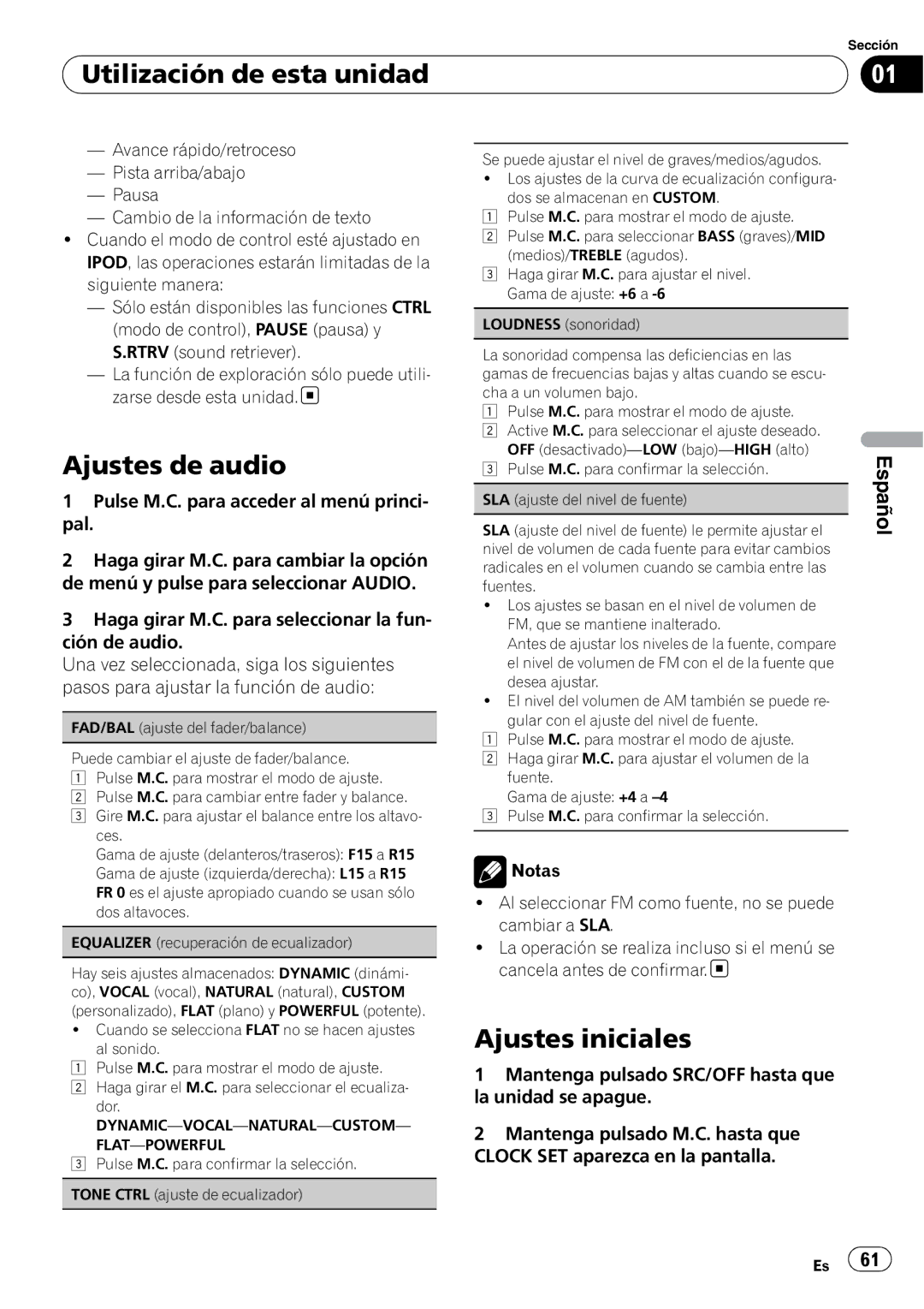 Pioneer DEH-2200UB owner manual Ajustes de audio, Ajustes iniciales 