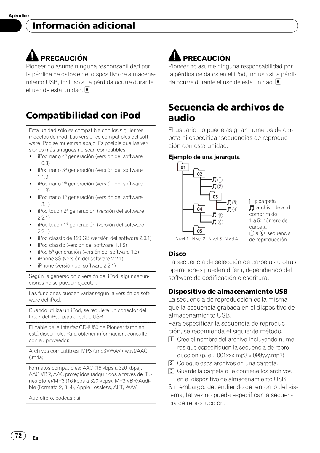 Pioneer DEH-2200UB owner manual Compatibilidad con iPod, Secuencia de archivos de audio, Ejemplo de una jerarquía 