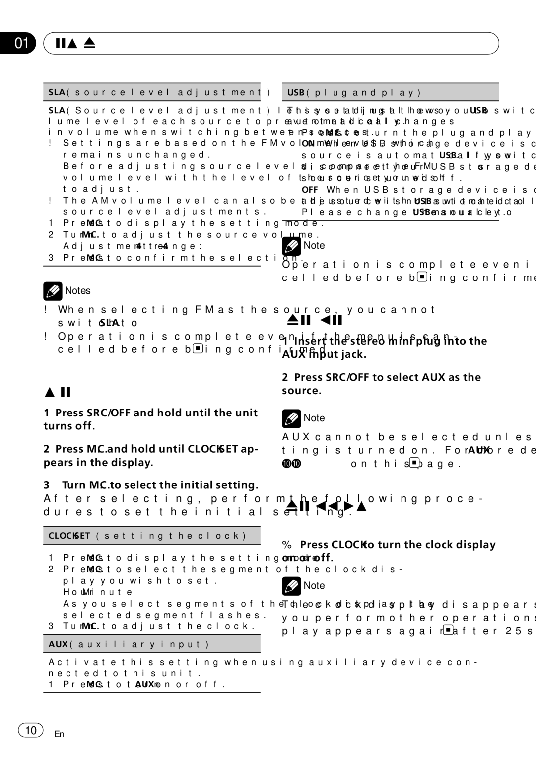 Pioneer DEH-22UB owner manual Initial Settings, Using the AUX source, Turning the clock display on or off 