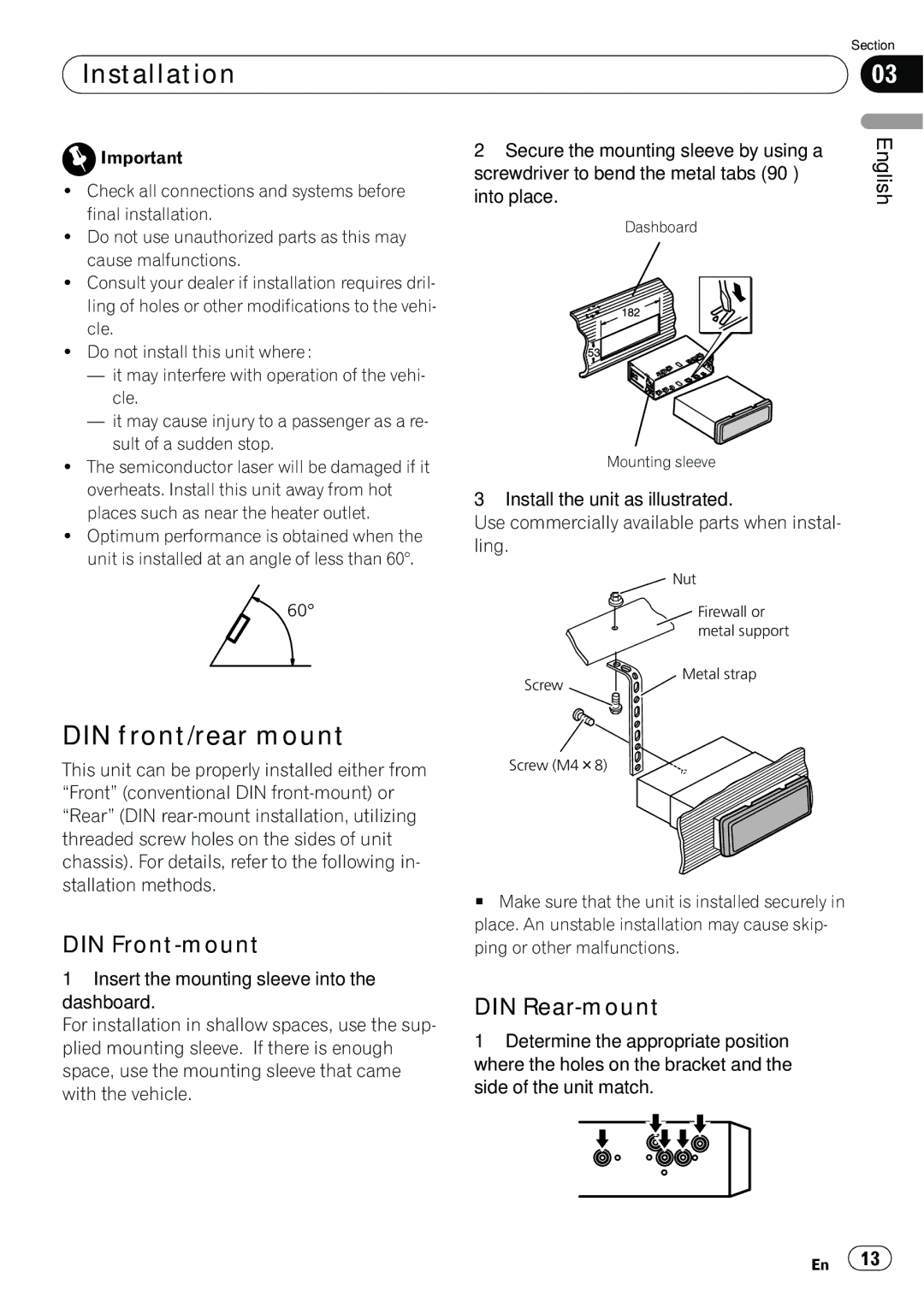 Pioneer DEH-22UB owner manual Installation, DIN front/rear mount, DIN Front-mount, DIN Rear-mount 