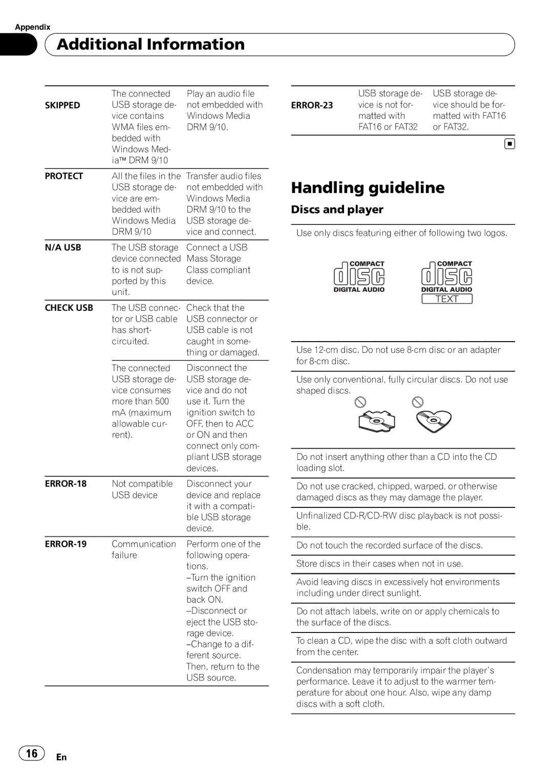 Pioneer DEH-22UB owner manual Additional Information, Handling guideline, Discs and player 