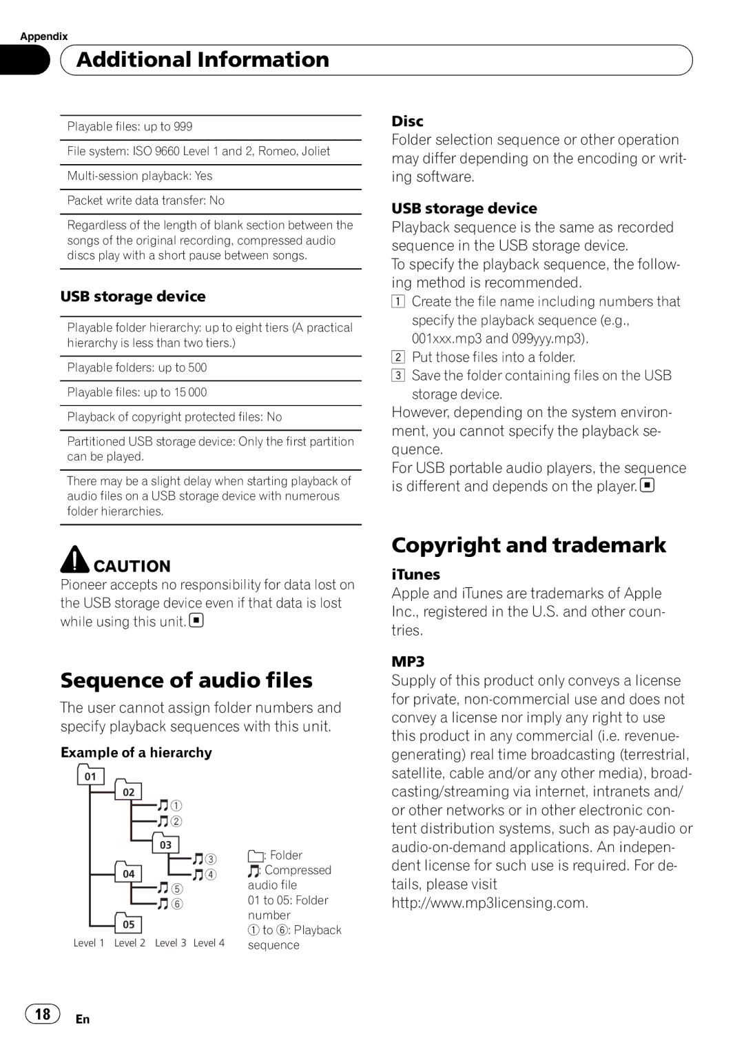 Pioneer DEH-22UB owner manual Sequence of audio files, Copyright and trademark, Folder 