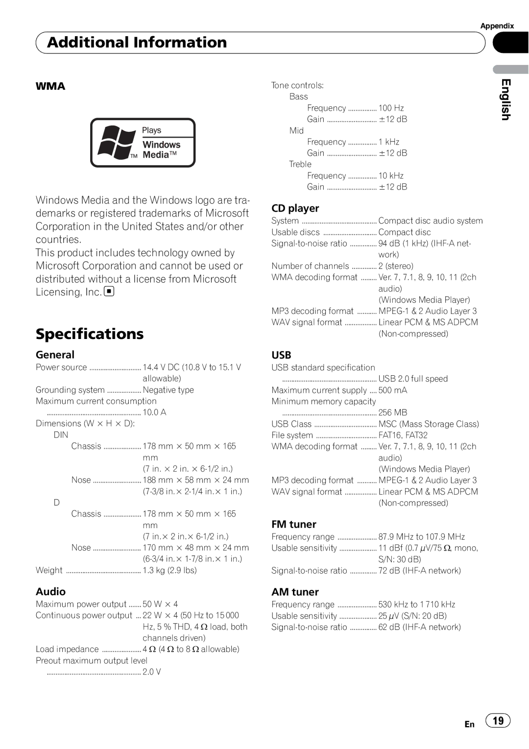 Pioneer DEH-22UB owner manual Specifications, Usb 