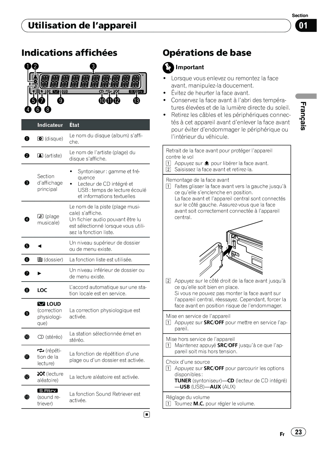 Pioneer DEH-22UB owner manual Utilisation de l’appareil Indications affichées, Opérations de base, Usb Usb-Aux Aux 