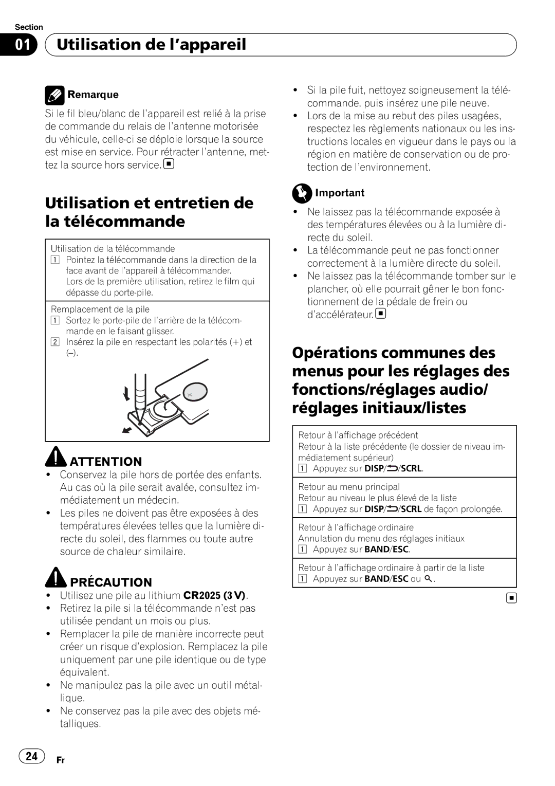 Pioneer DEH-22UB owner manual Utilisation de l’appareil, Utilisation et entretien de la télécommande, Remarque 