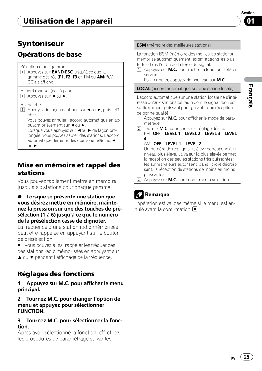 Pioneer DEH-22UB Utilisation de l’appareil Syntoniseur, Opérations de base, Mise en mémoire et rappel des stations 