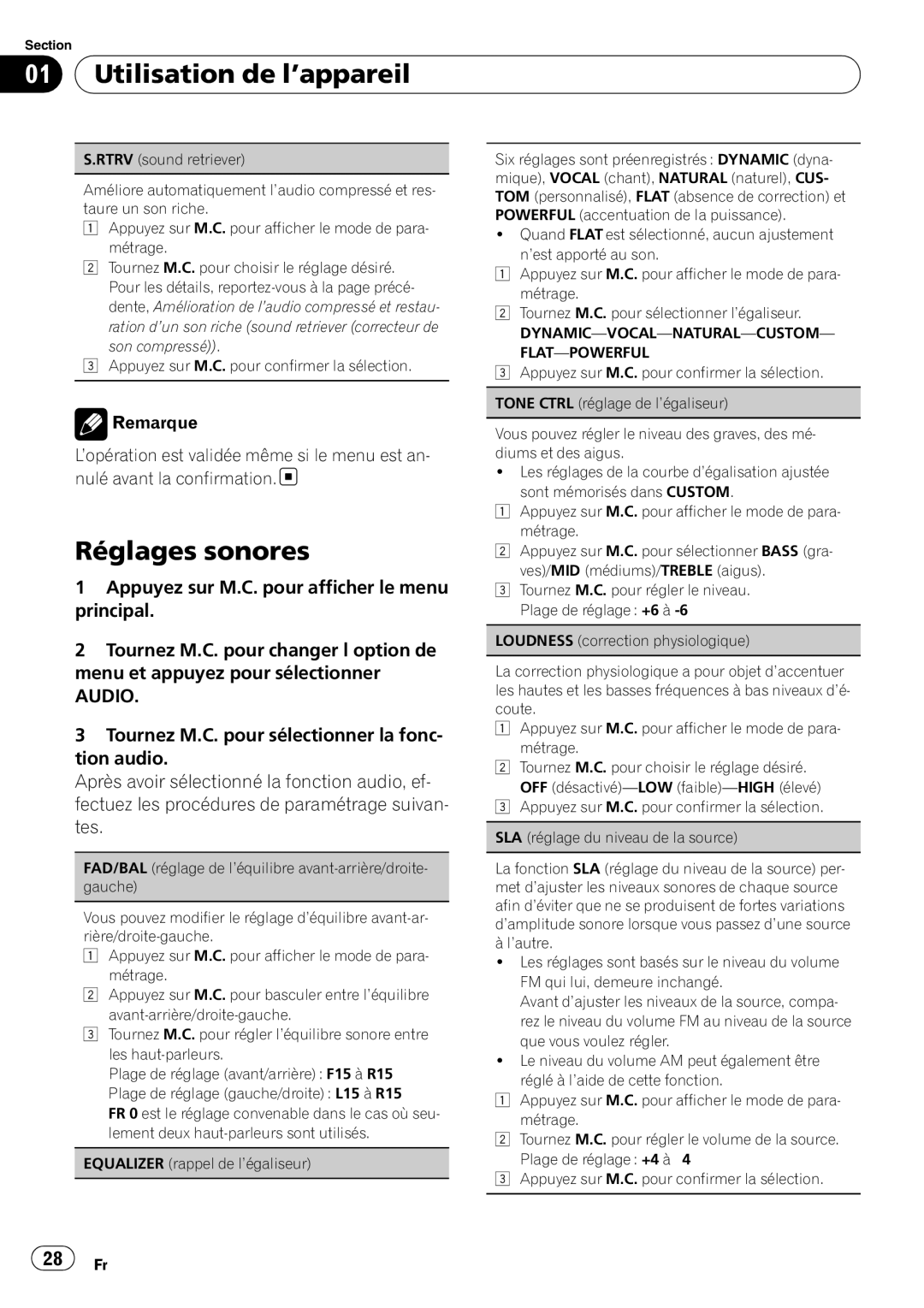 Pioneer DEH-22UB owner manual Réglages sonores, Audio, Dynamic-Vocal-Natural-Custom- Flat-Powerful 