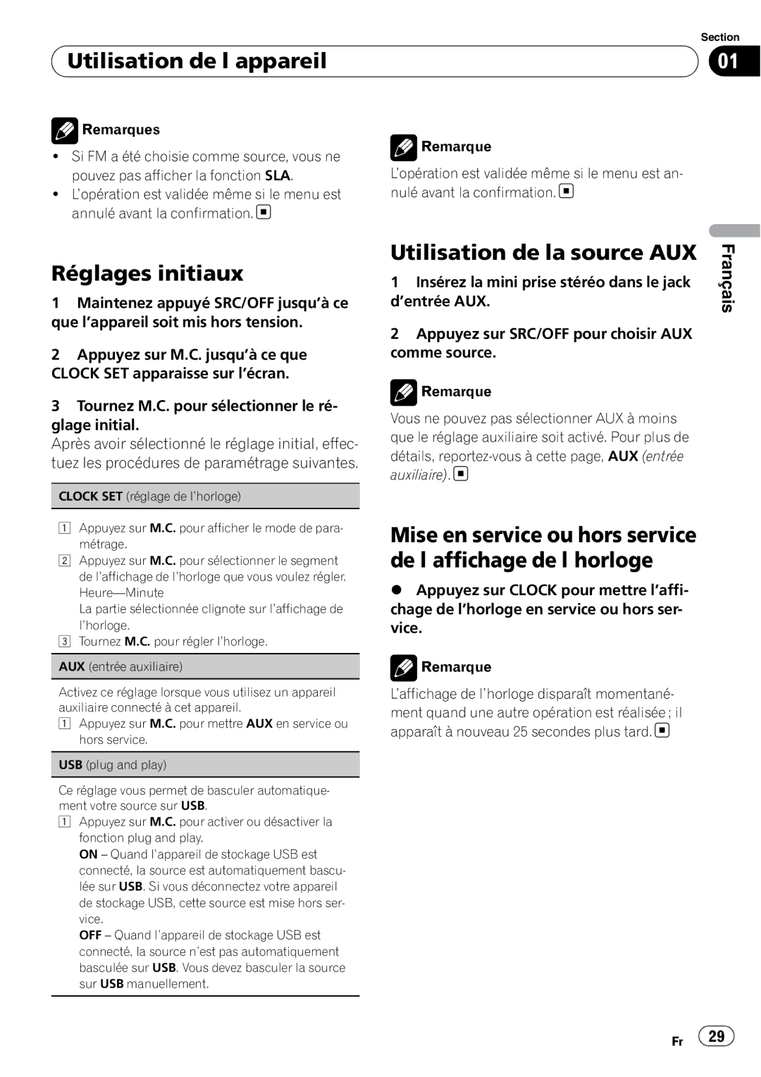 Pioneer DEH-22UB owner manual Réglages initiaux, Utilisation de la source AUX, Insérez la mini prise stéréo dans le jack 