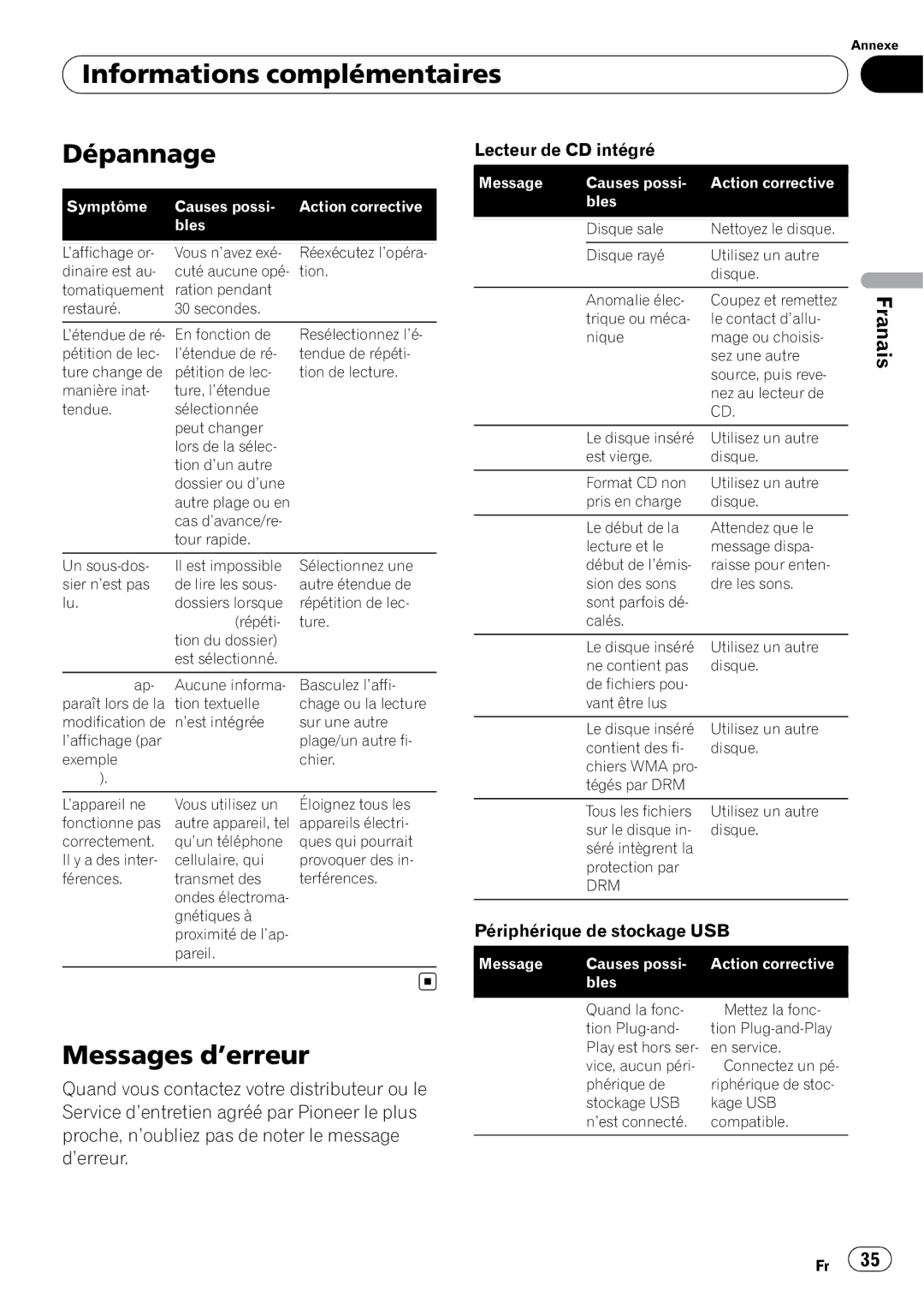 Pioneer DEH-22UB owner manual Informations complémentaires Dépannage, Messages d’erreur, Périphérique de stockage USB, Drm 