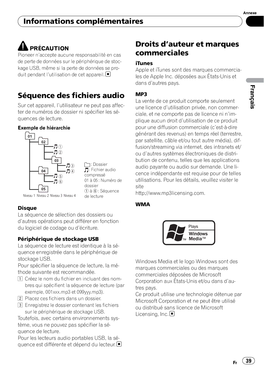 Pioneer DEH-22UB Séquence des fichiers audio, Droits d’auteur et marques commerciales, Exemple de hiérarchie, Dossier 