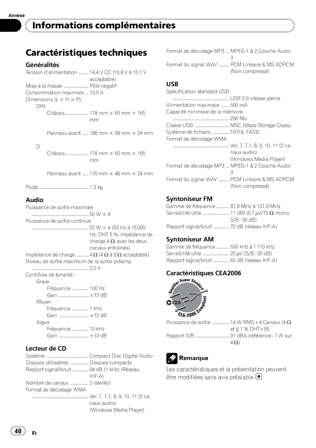 Pioneer DEH-22UB owner manual Informations complémentaires Caractéristiques techniques 