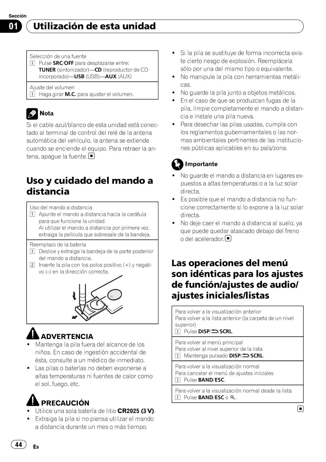 Pioneer DEH-22UB owner manual Utilización de esta unidad, Uso y cuidado del mando a distancia 