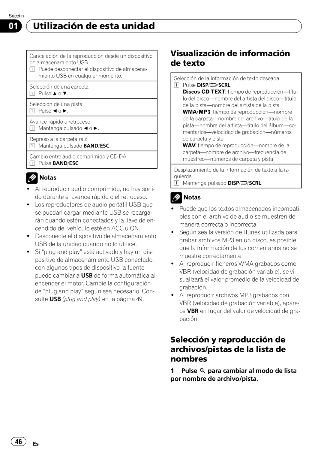 Pioneer DEH-22UB owner manual Visualización de información de texto, Notas, 46 Es 