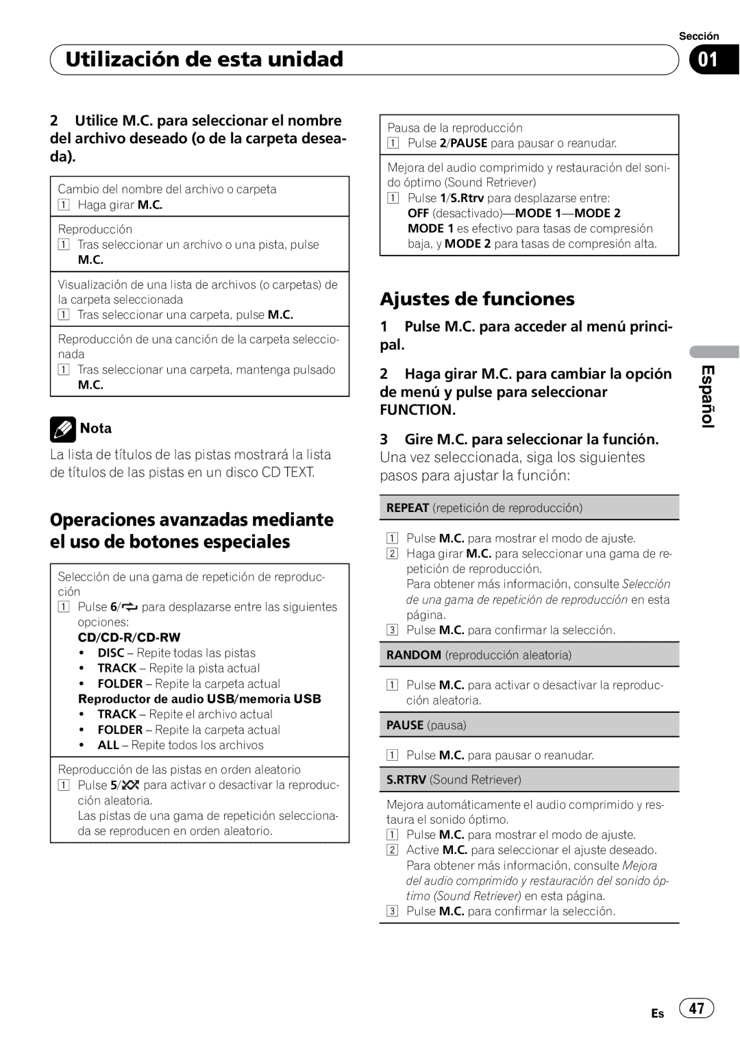 Pioneer DEH-22UB owner manual Operaciones avanzadas mediante el uso de botones especiales, Nota 