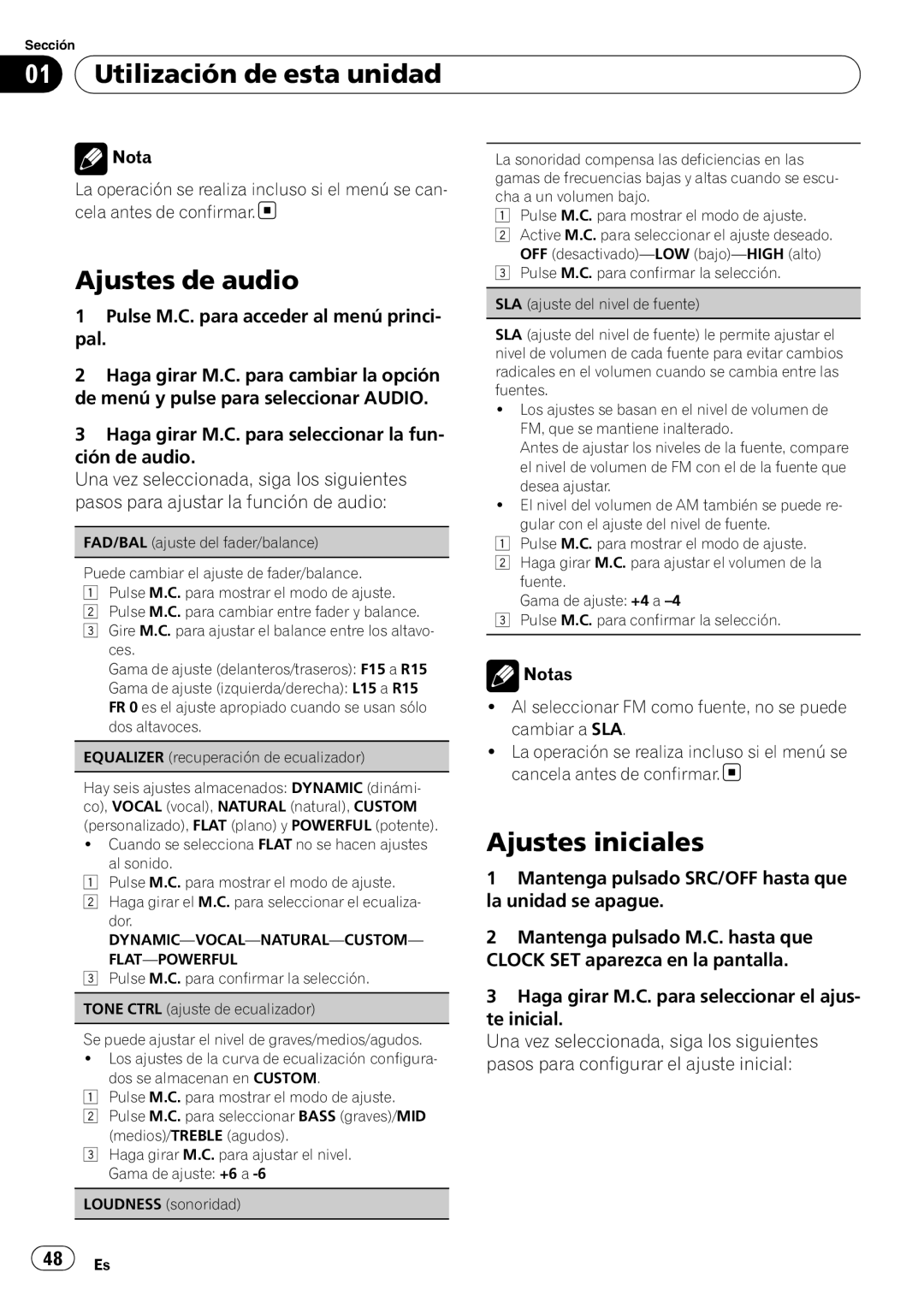 Pioneer DEH-22UB owner manual Ajustes de audio, Ajustes iniciales 