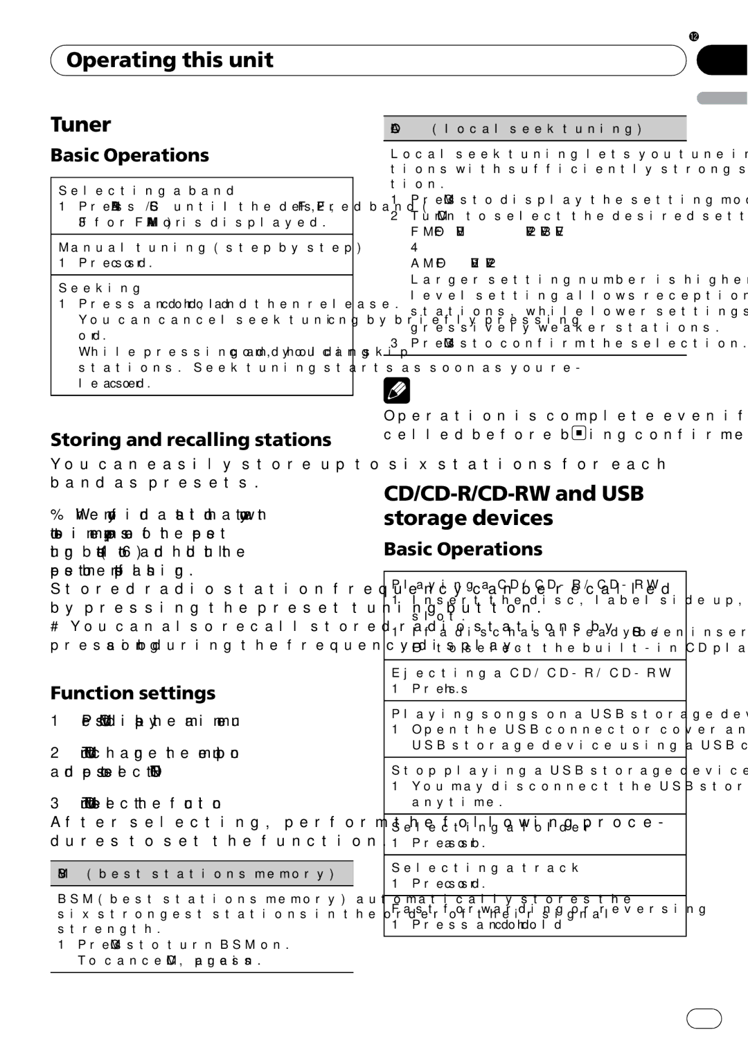 Pioneer DEH-22UB owner manual Operating this unit Tuner, CD/CD-R/CD-RW and USB, Storage devices 