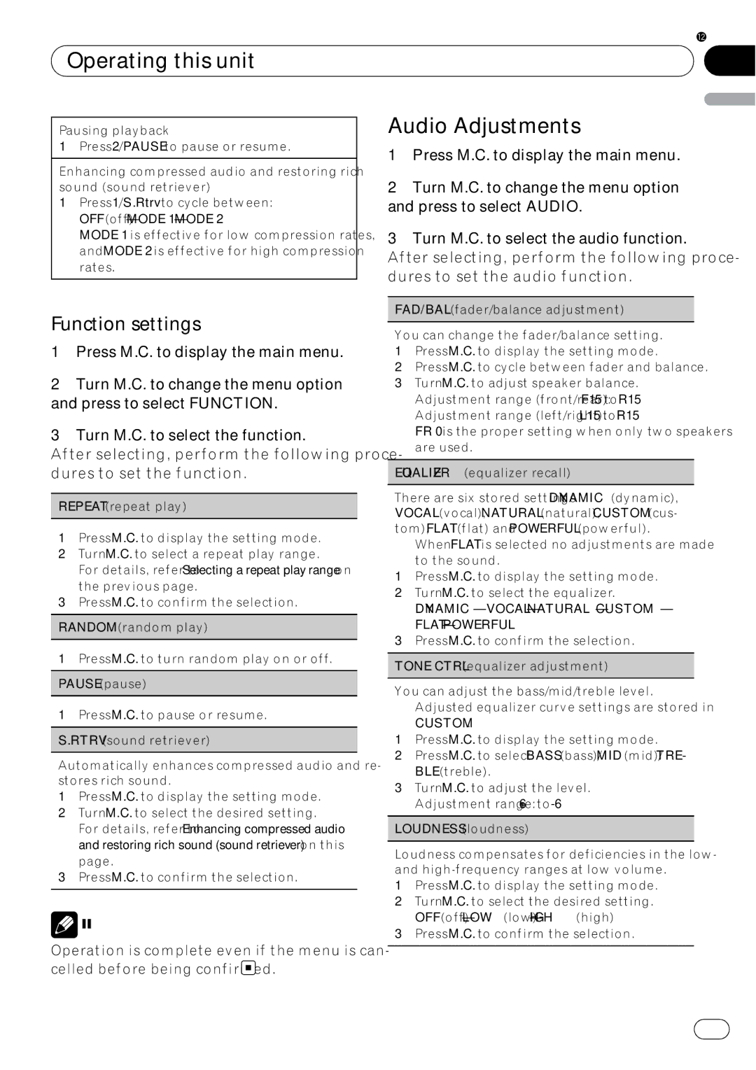 Pioneer DEH-22UB owner manual Audio Adjustments, Press to select Audio, Turn M.C. to select the audio function 