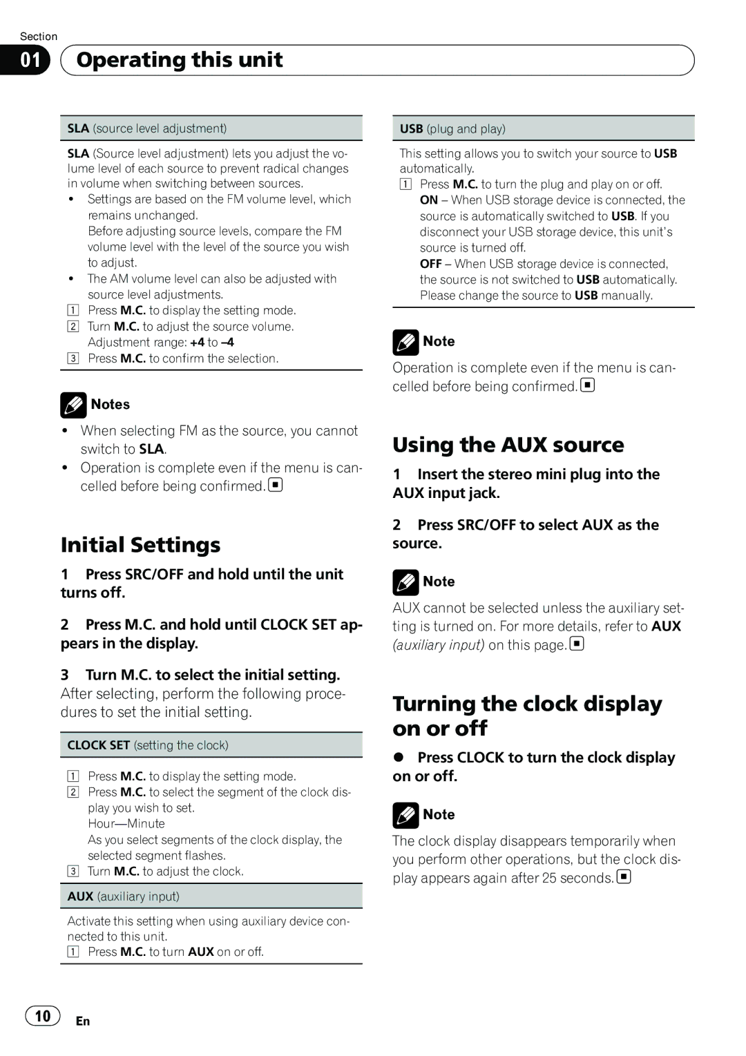 Pioneer DEH-22UB owner manual Initial Settings, Using the AUX source, Turning the clock display on or off 