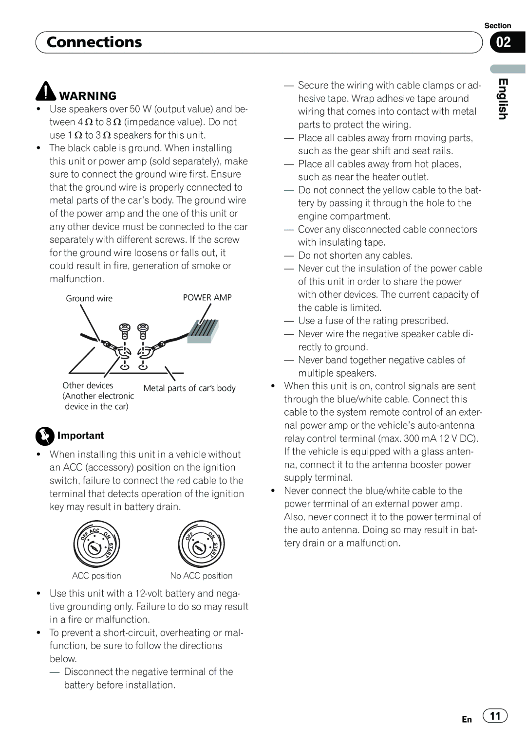 Pioneer DEH-22UB owner manual Connections, Secure the wiring with cable clamps or ad 