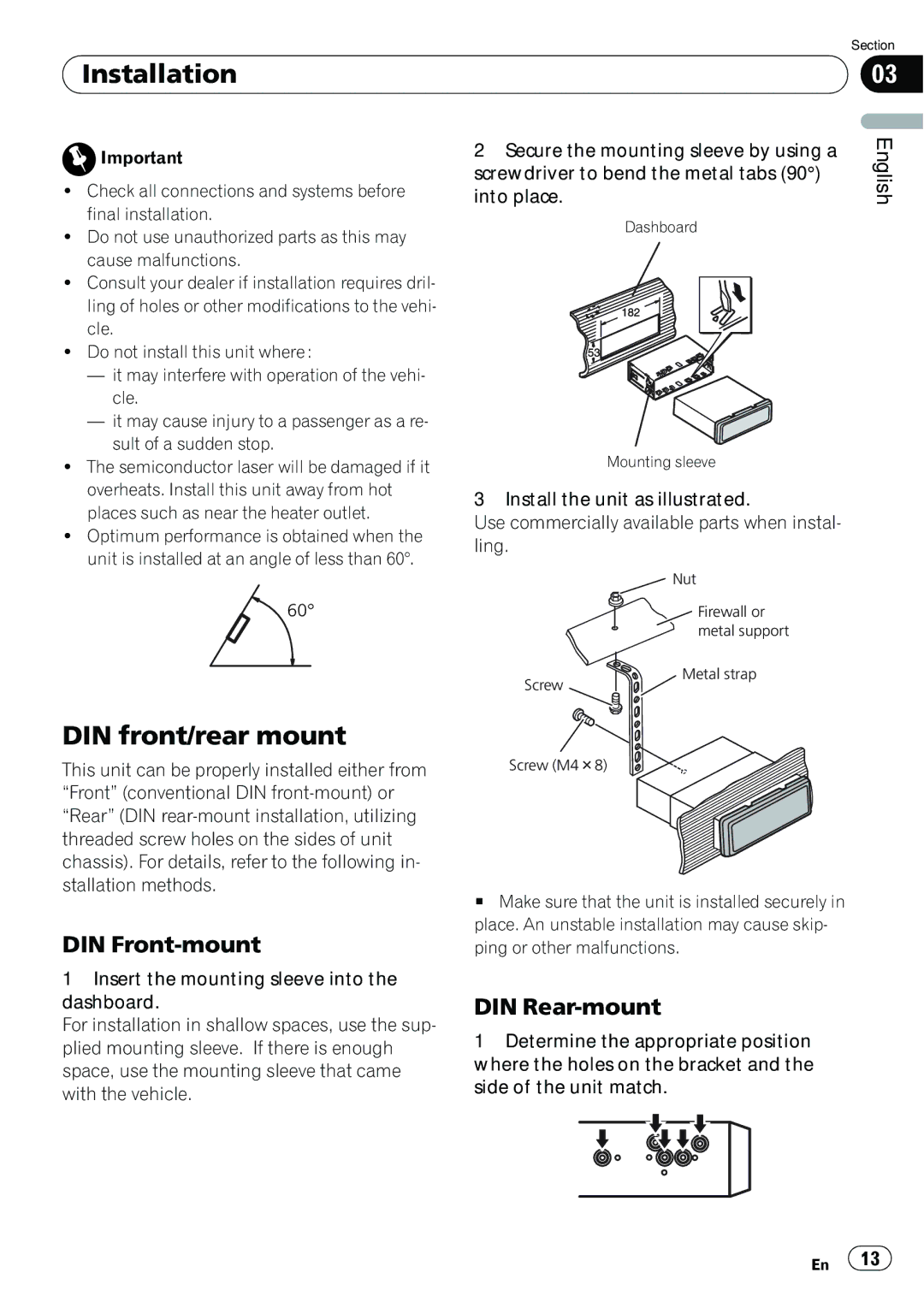 Pioneer DEH-22UB owner manual Installation, DIN front/rear mount, DIN Front-mount, DIN Rear-mount 