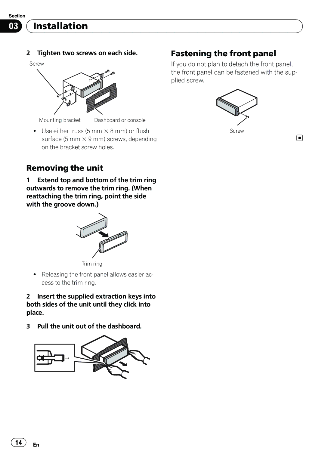 Pioneer DEH-22UB owner manual Fastening the front panel, Removing the unit 