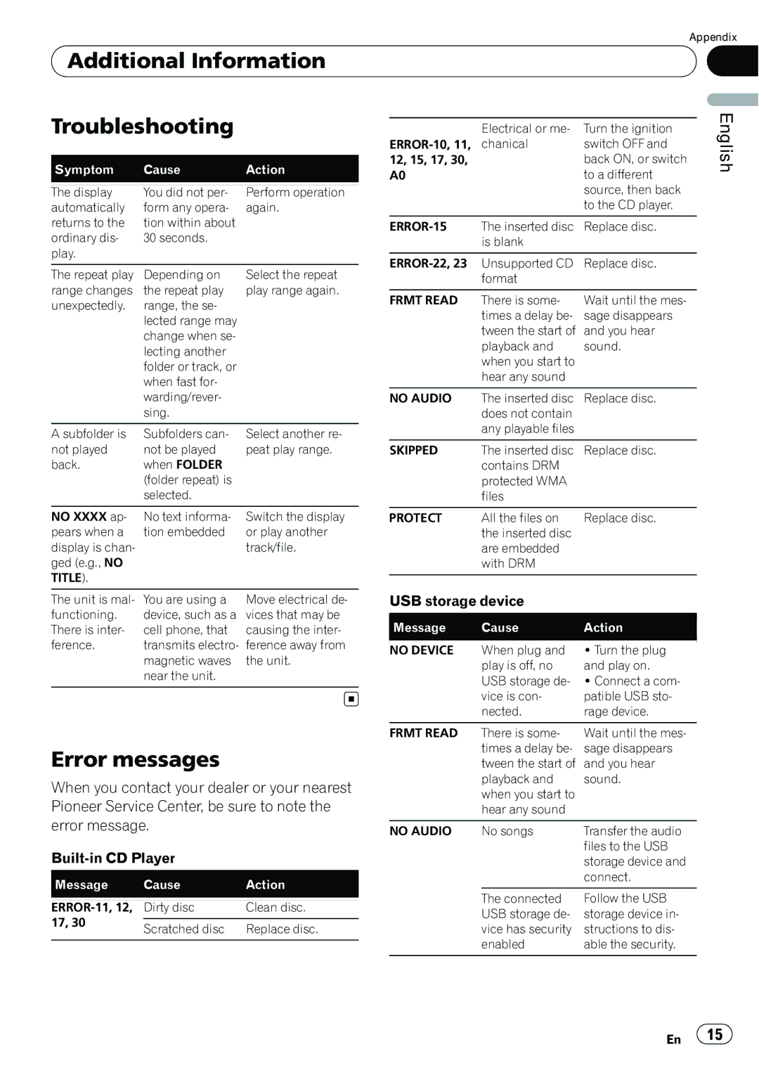 Pioneer DEH-22UB owner manual Additional Information Troubleshooting, Error messages, USB storage device 