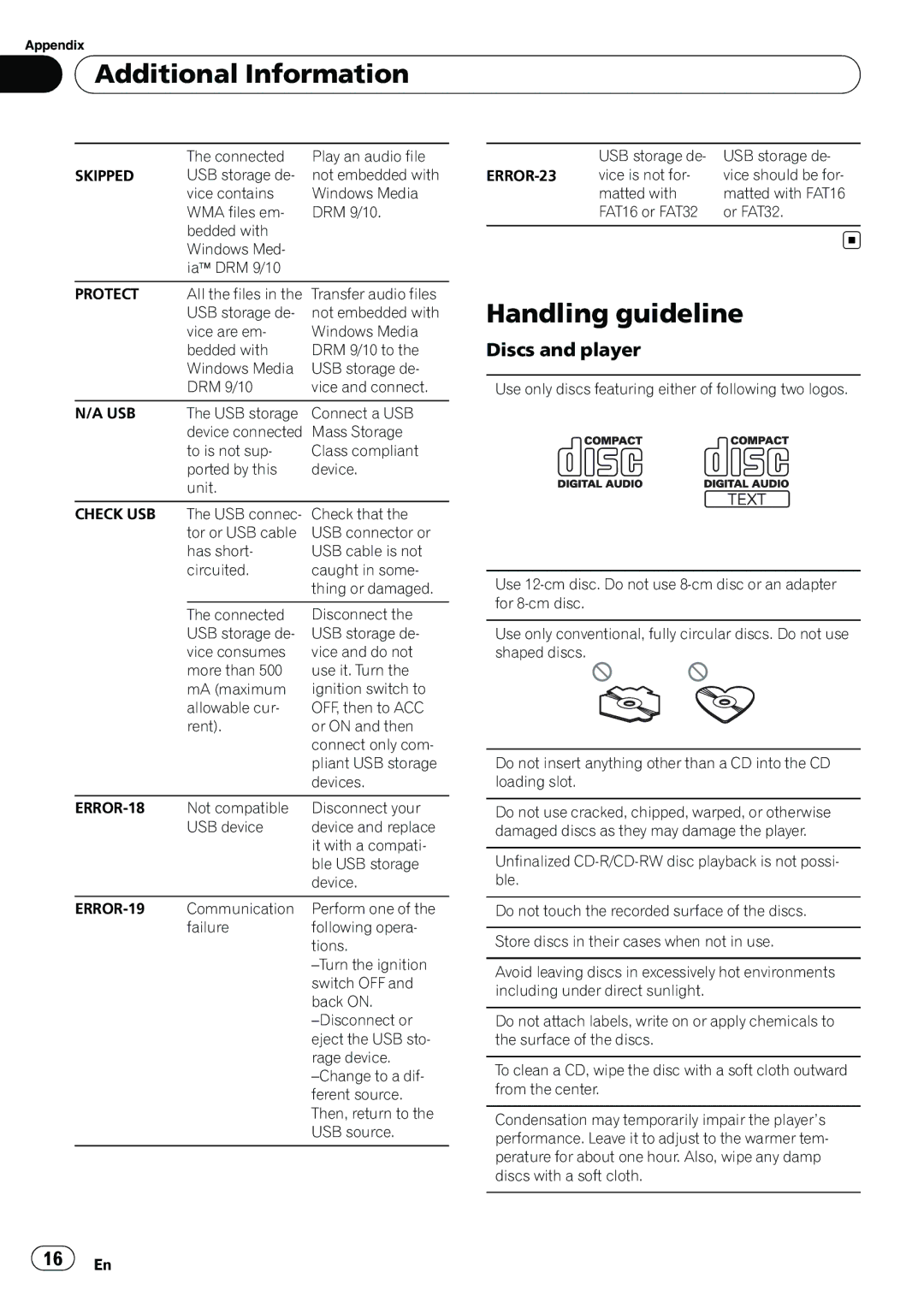 Pioneer DEH-22UB owner manual Additional Information, Handling guideline, Discs and player 