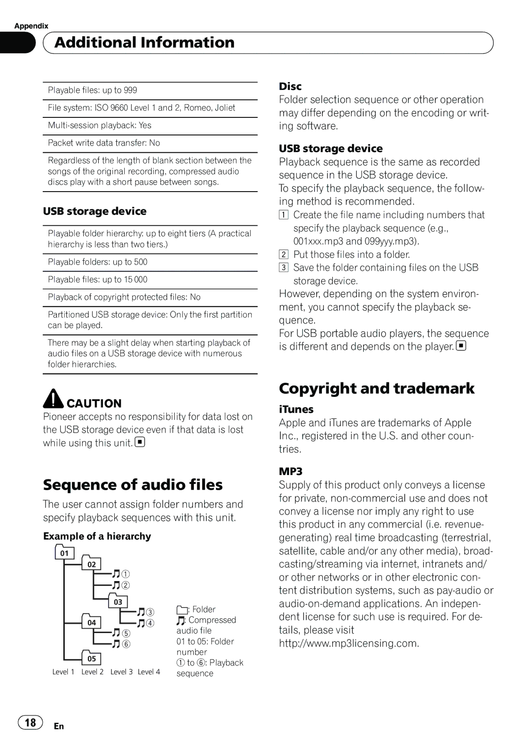 Pioneer DEH-22UB owner manual Sequence of audio files, Copyright and trademark, Folder 