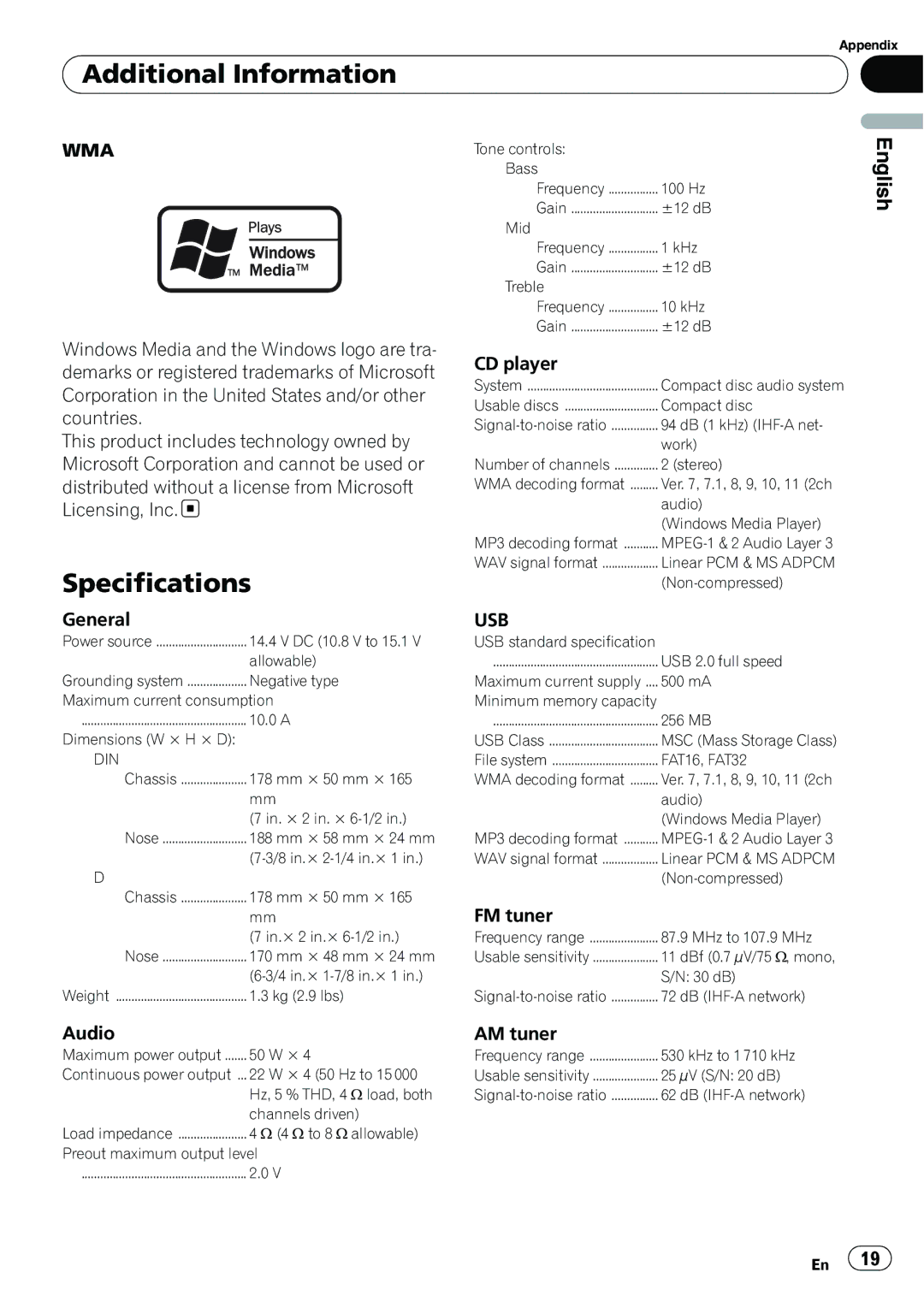 Pioneer DEH-22UB owner manual Specifications, Usb 