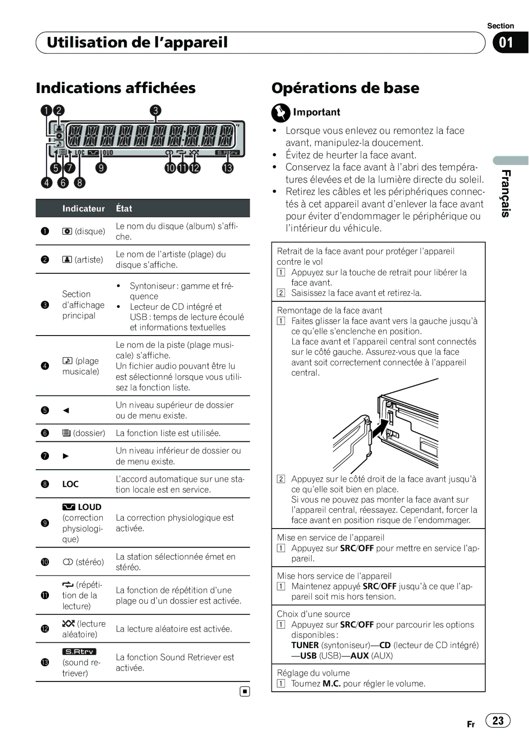 Pioneer DEH-22UB owner manual Utilisation de l’appareil Indications affichées, Opérations de base, Usb Usb-Aux Aux 