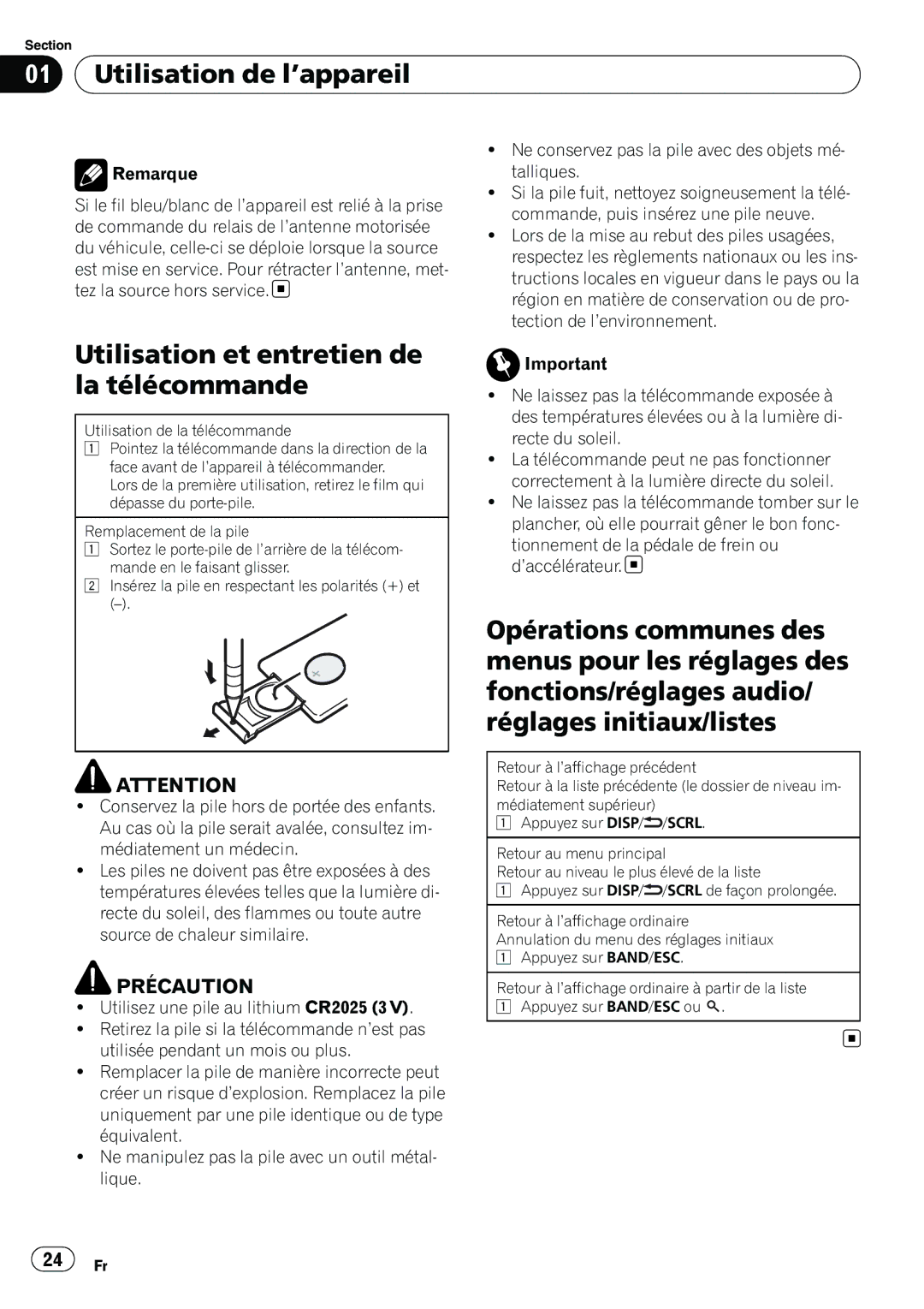 Pioneer DEH-22UB owner manual Utilisation de l’appareil, Utilisation et entretien de la télécommande, Remarque 