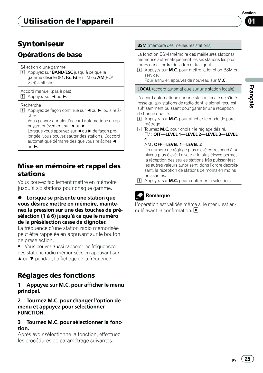 Pioneer DEH-22UB Utilisation de l’appareil Syntoniseur, Opérations de base, Mise en mémoire et rappel des stations 