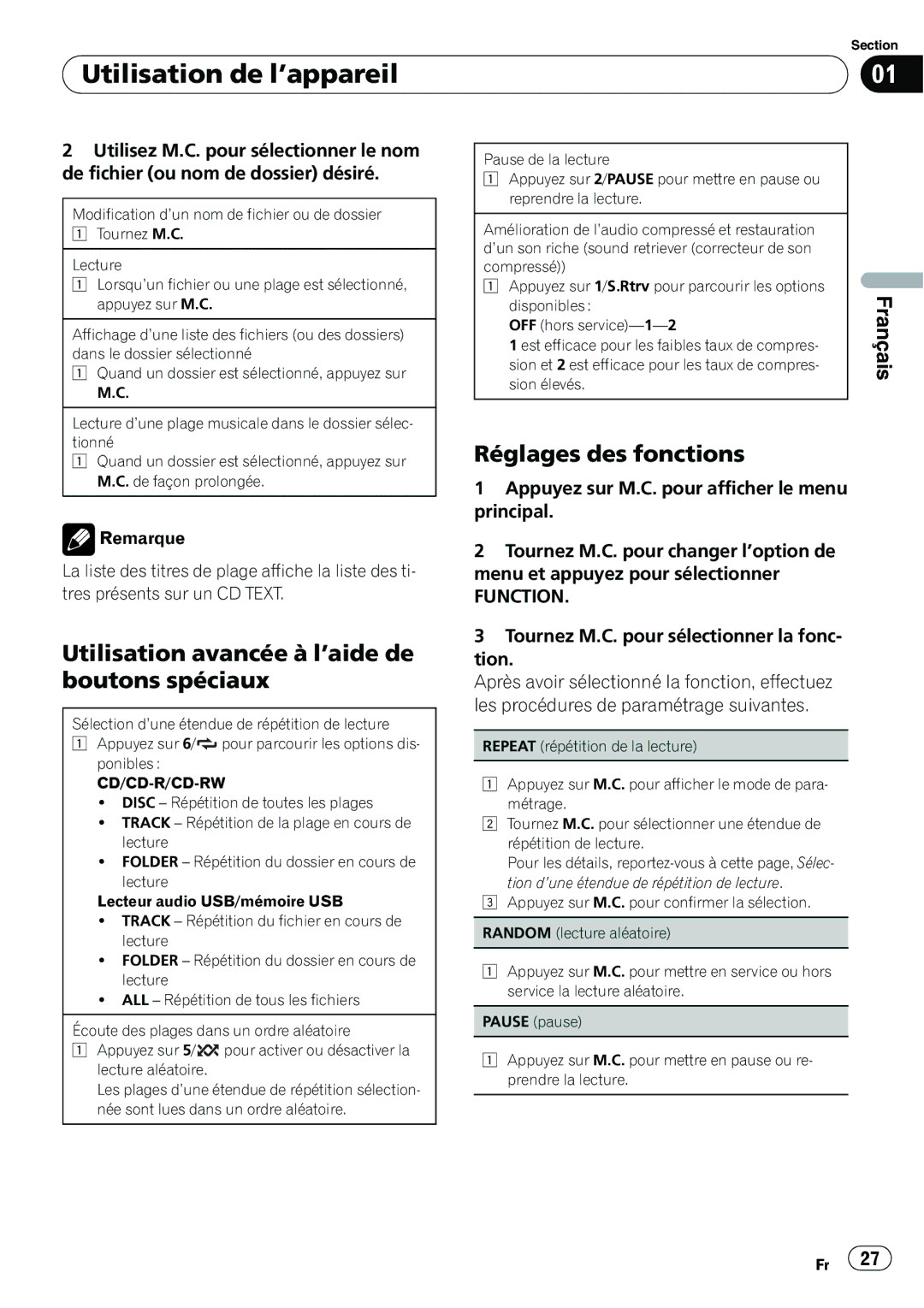 Pioneer DEH-22UB owner manual Utilisation avancée à l’aide de boutons spéciaux, Cd/Cd-R/Cd-Rw 