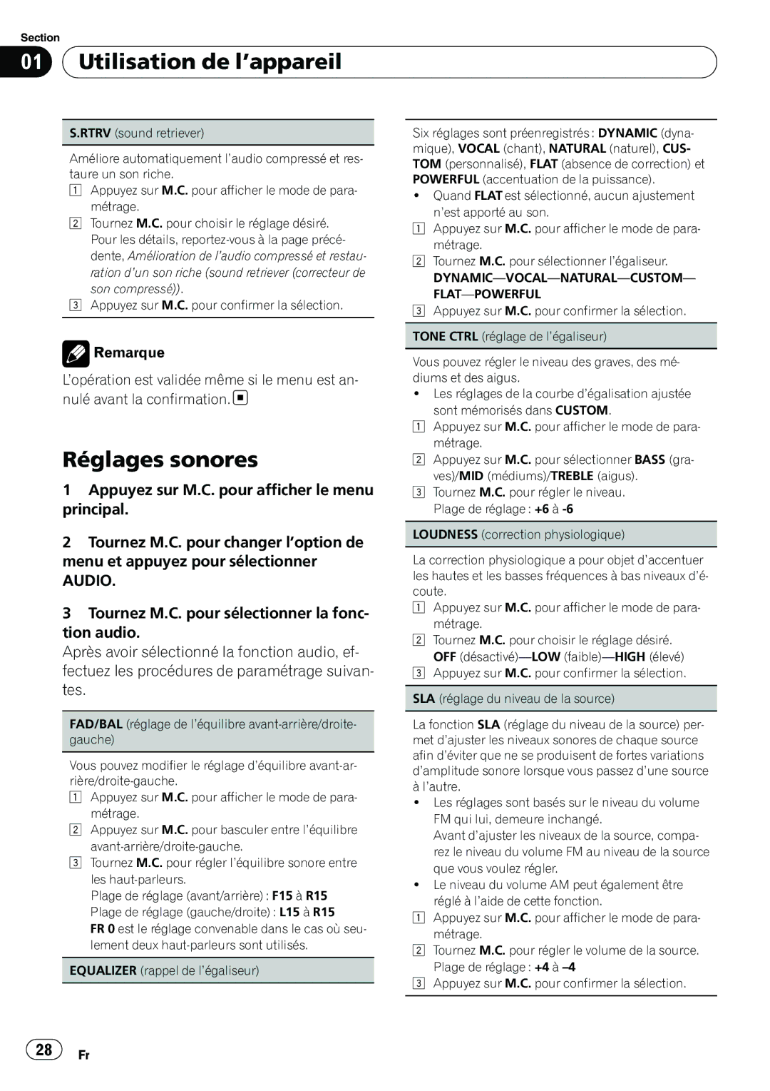 Pioneer DEH-22UB owner manual Réglages sonores, Audio 